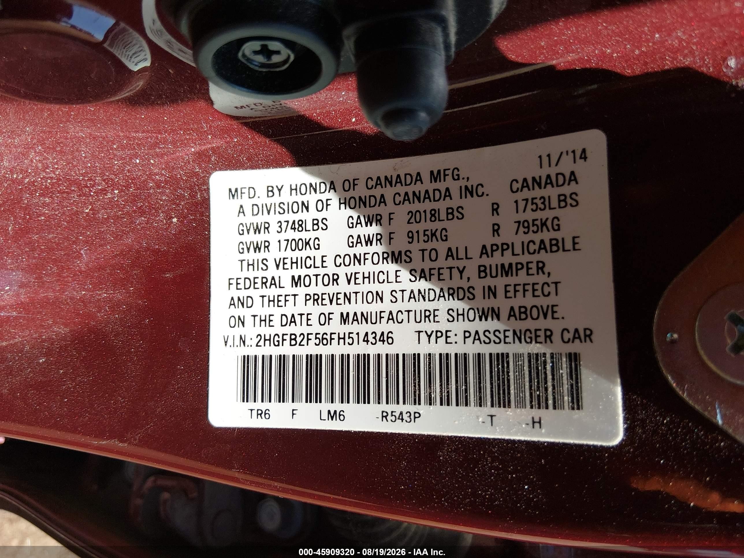 2015 Honda Civic Lx Red vin: 2HGFB2F56FH514346