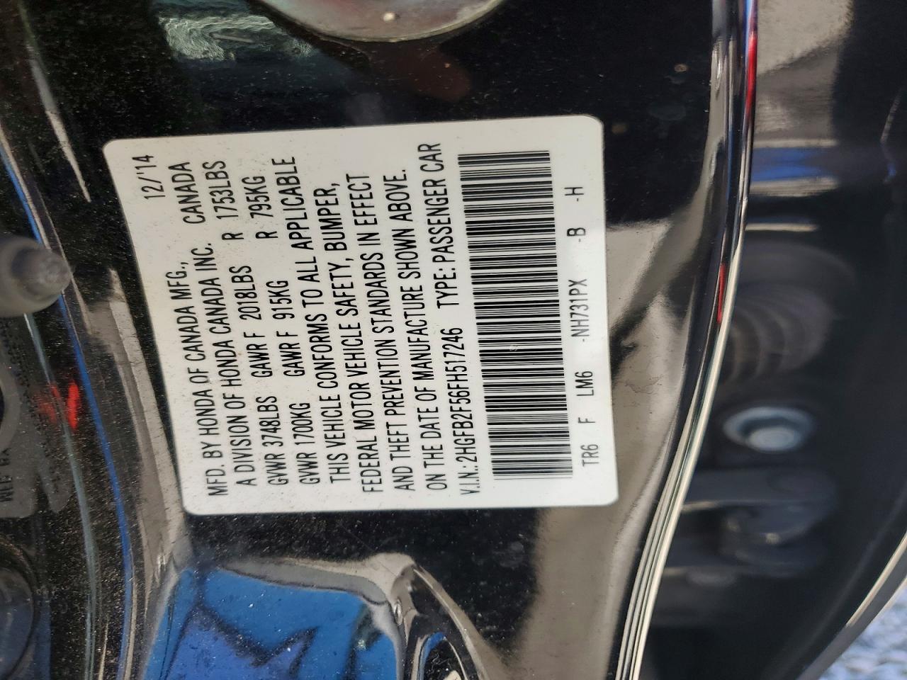 2015 Honda Civic Lx Black vin: 2HGFB2F56FH517246