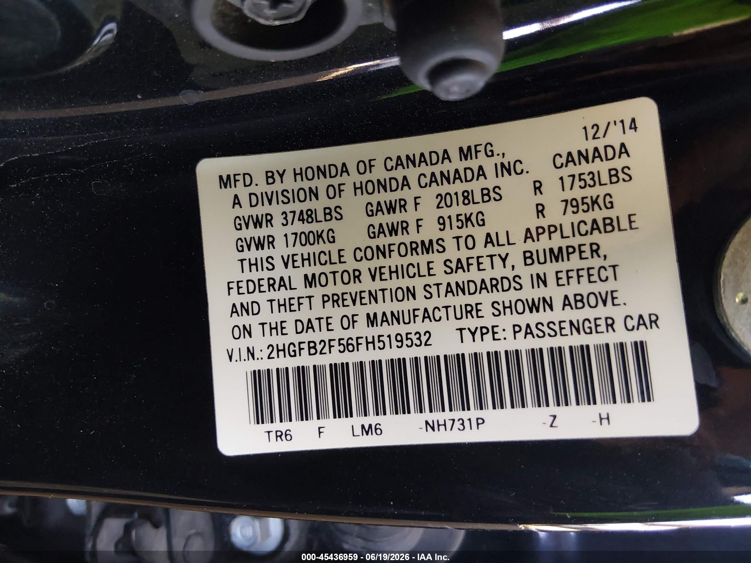 2015 Honda Civic Lx Black vin: 2HGFB2F56FH519532