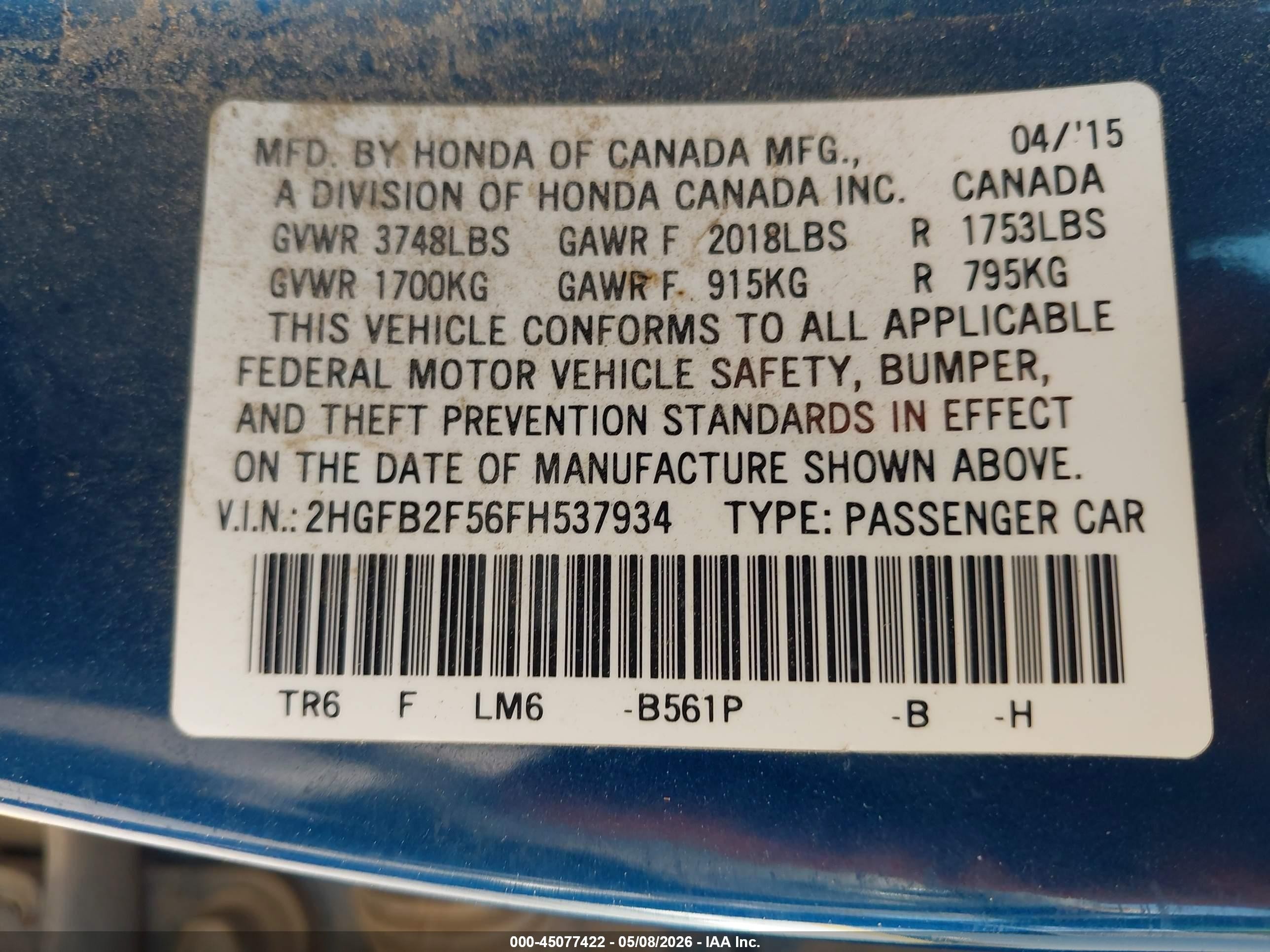 2015 Honda Civic Lx Blue vin: 2HGFB2F56FH537934