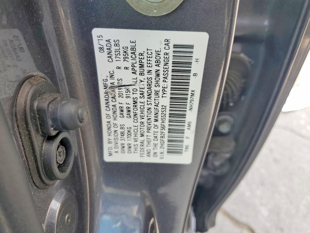 2015 Honda Civic Lx Gray vin: 2HGFB2F56FH552532