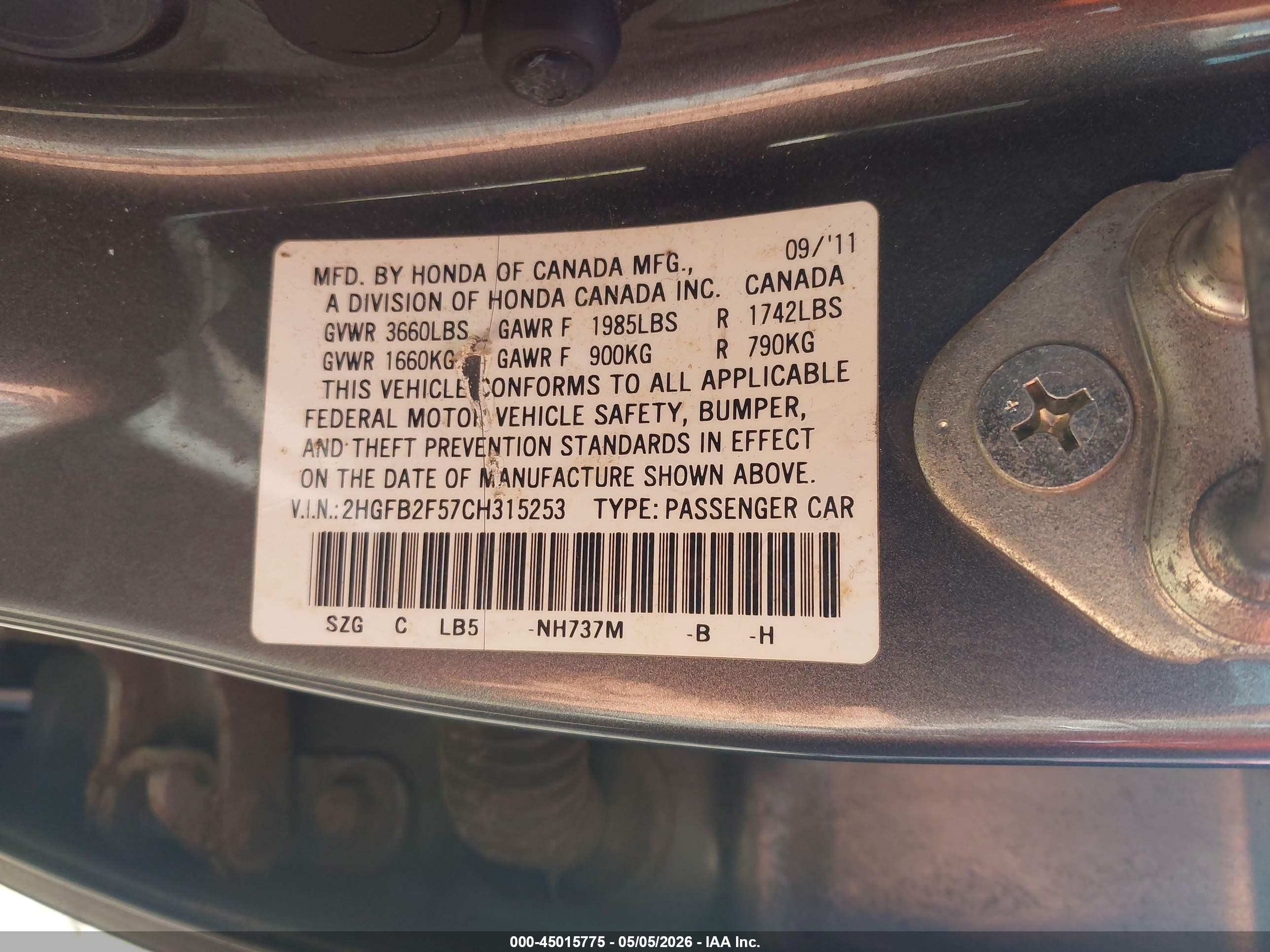 2012 Honda Civic Lx Gray vin: 2HGFB2F57CH315253