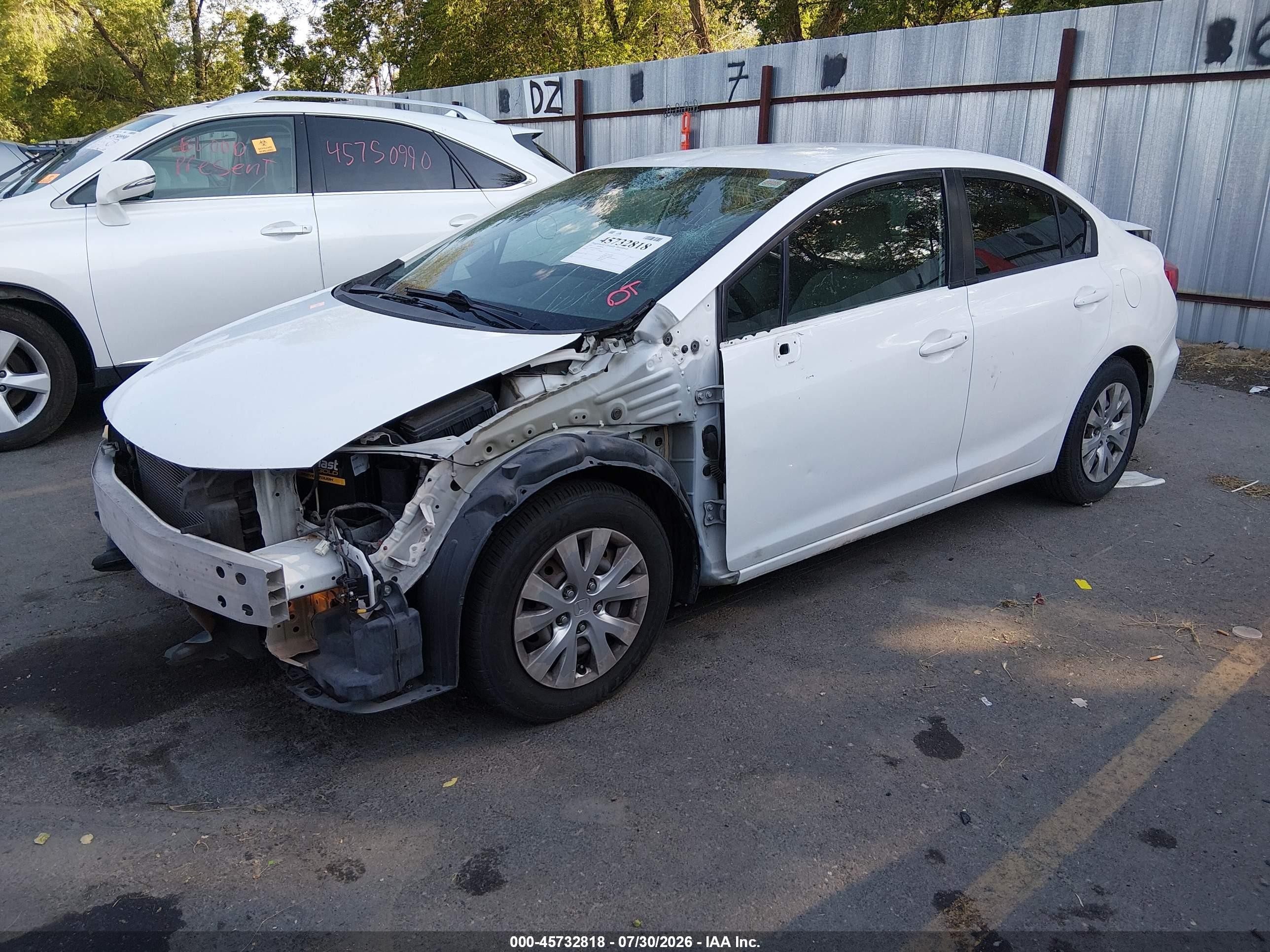 2012 Honda Civic Lx White vin: 2HGFB2F57CH324017