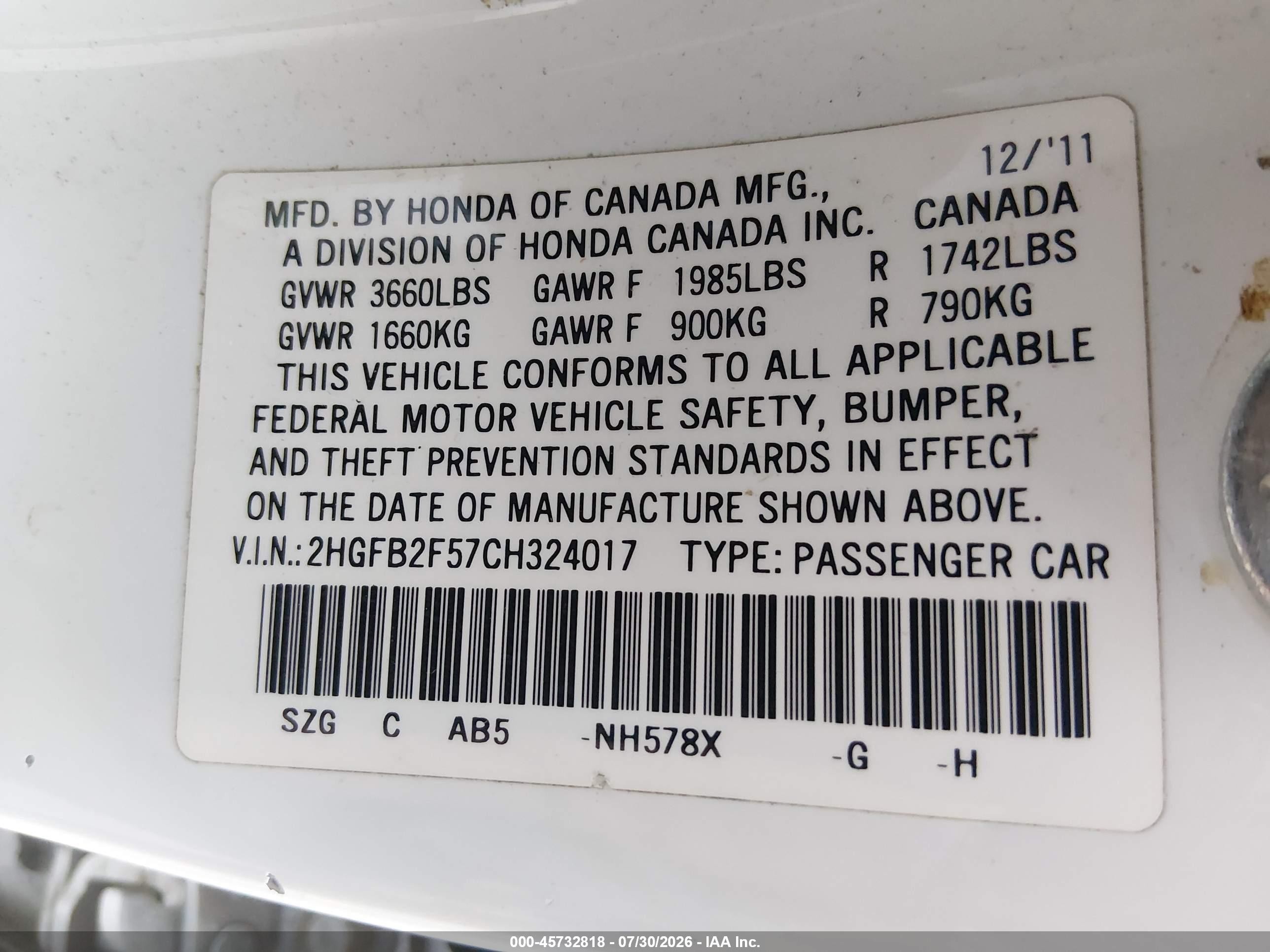 2012 Honda Civic Lx White vin: 2HGFB2F57CH324017