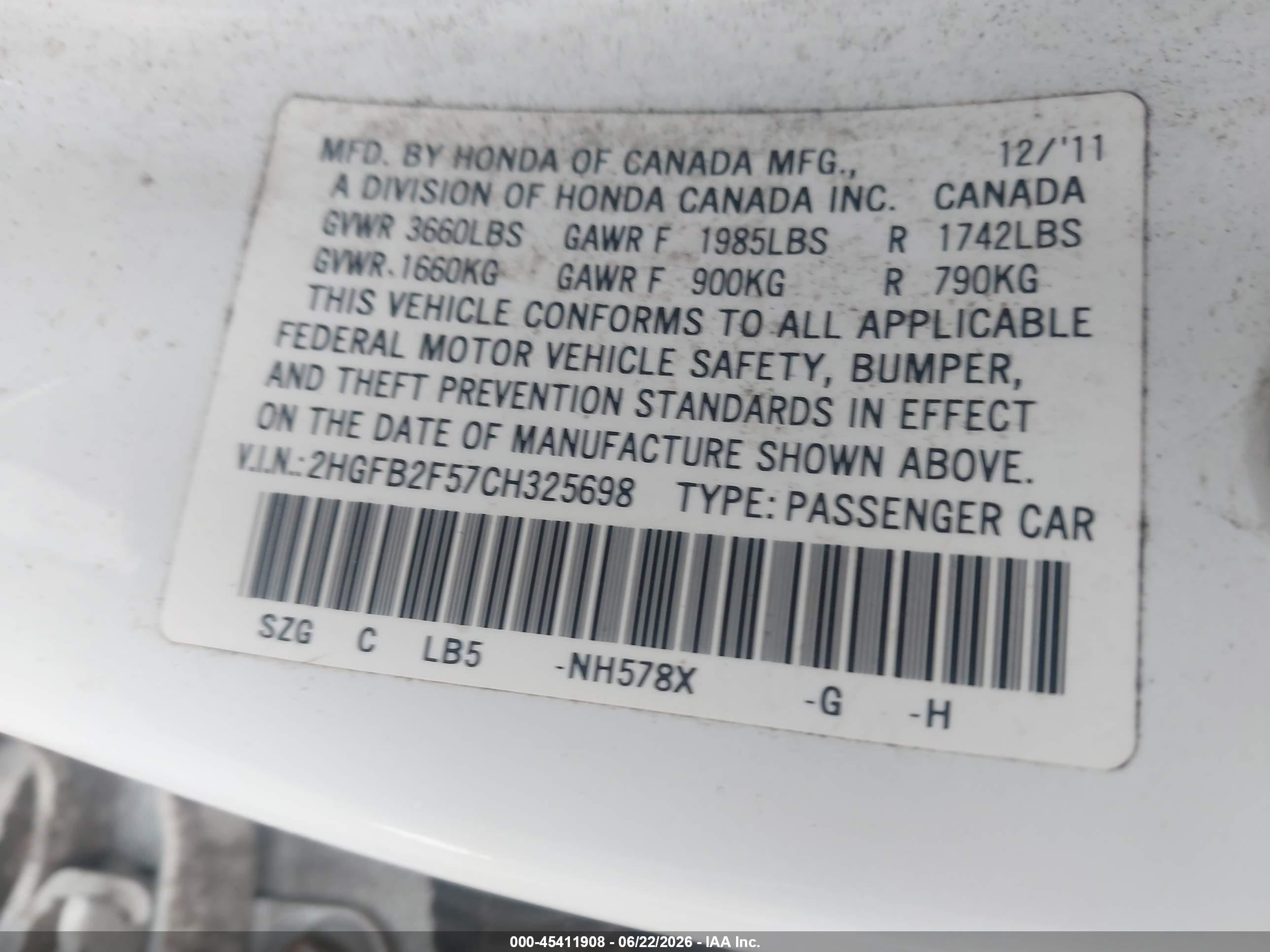 2012 Honda Civic Lx White vin: 2HGFB2F57CH325698