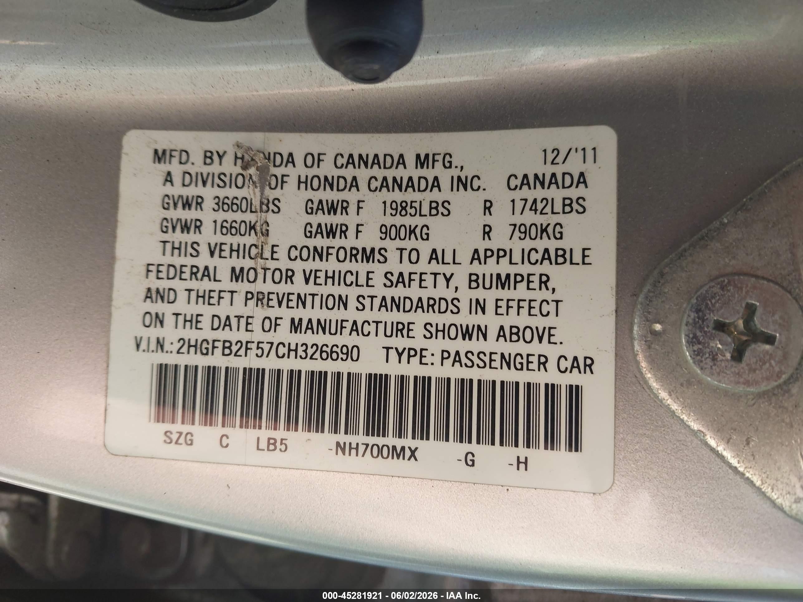 2012 Honda Civic Lx Серебряный vin: 2HGFB2F57CH326690