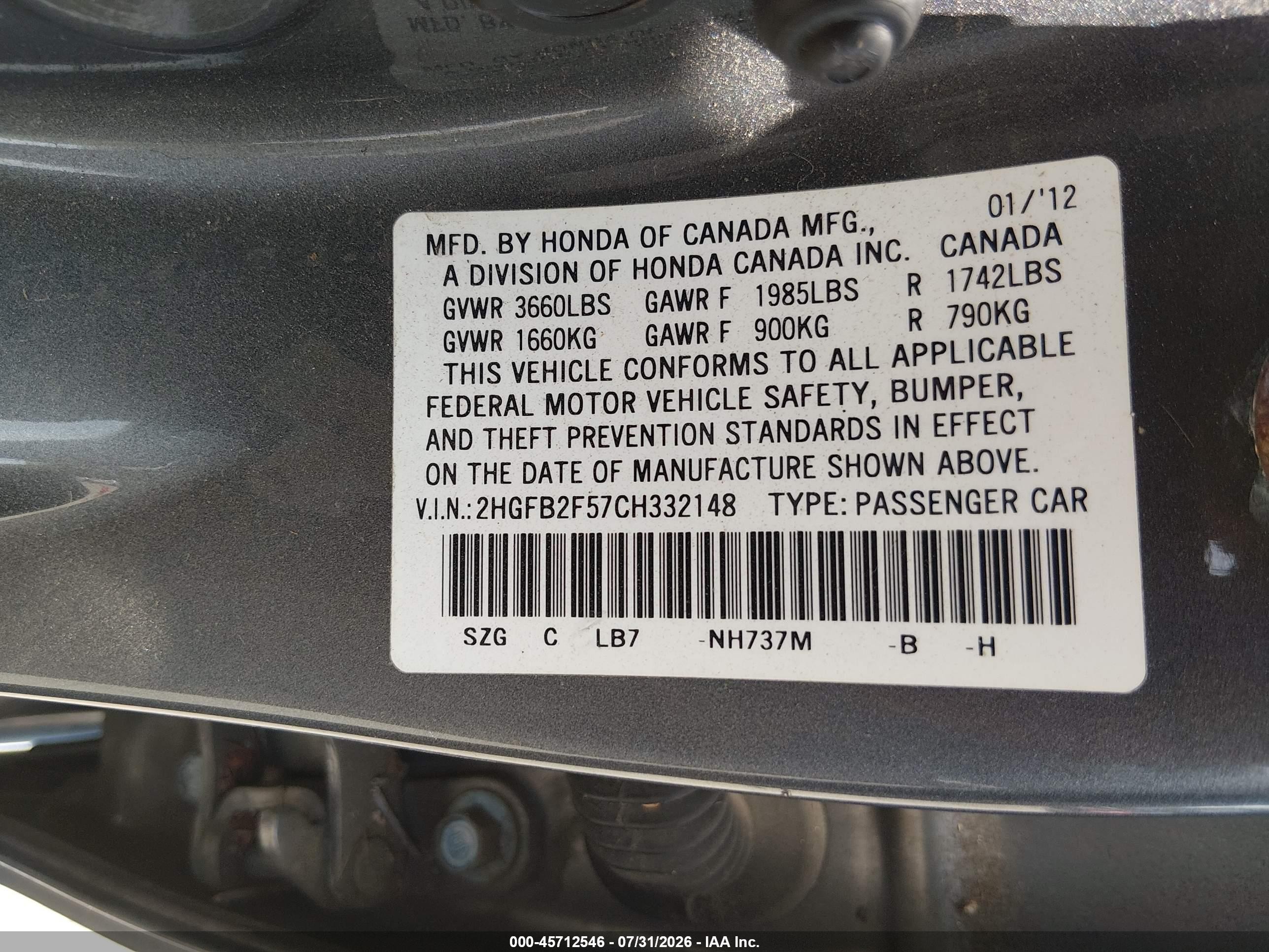 2012 Honda Civic Lx Gray vin: 2HGFB2F57CH332148