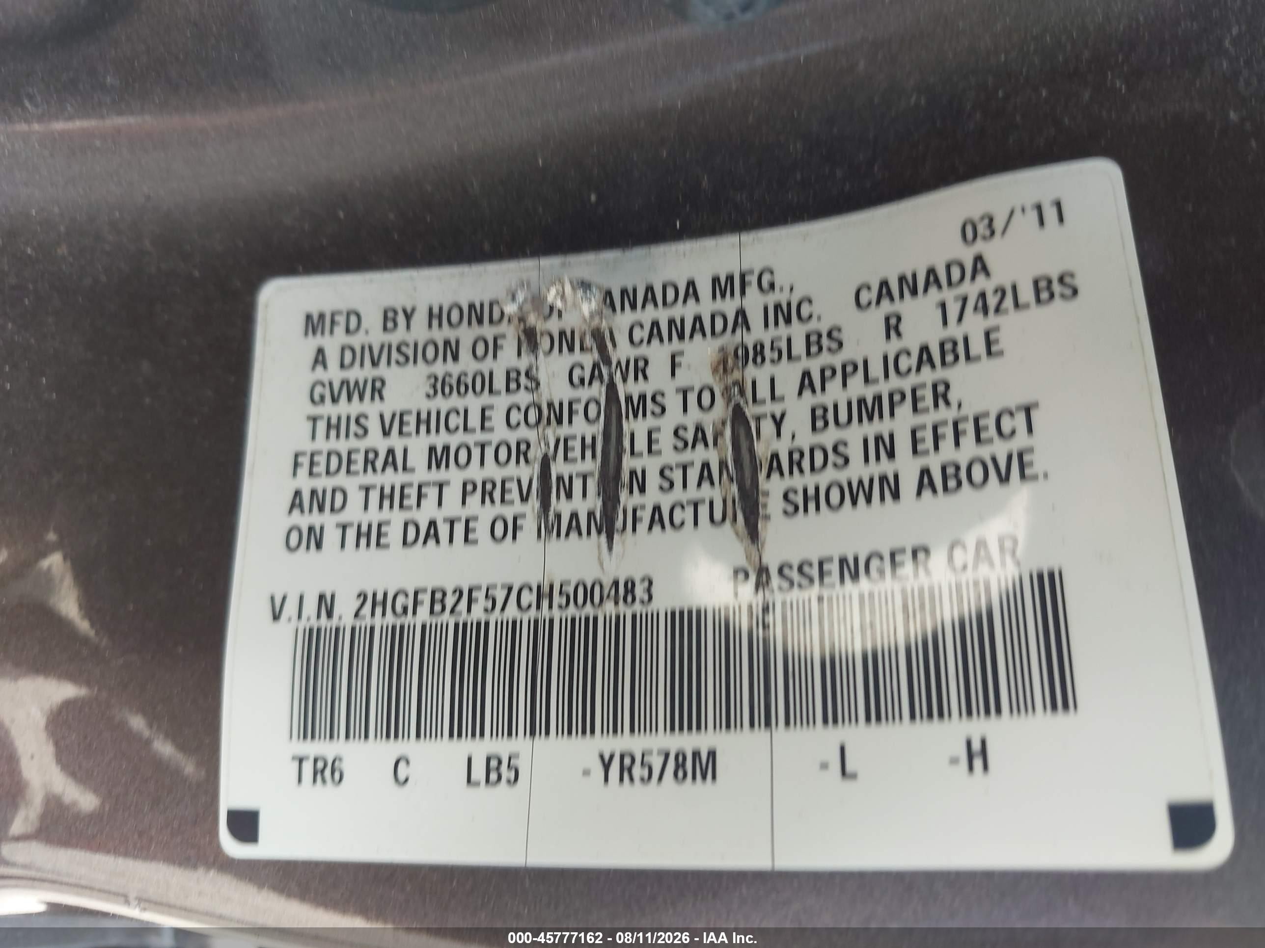 2012 Honda Civic Lx Gray vin: 2HGFB2F57CH500483