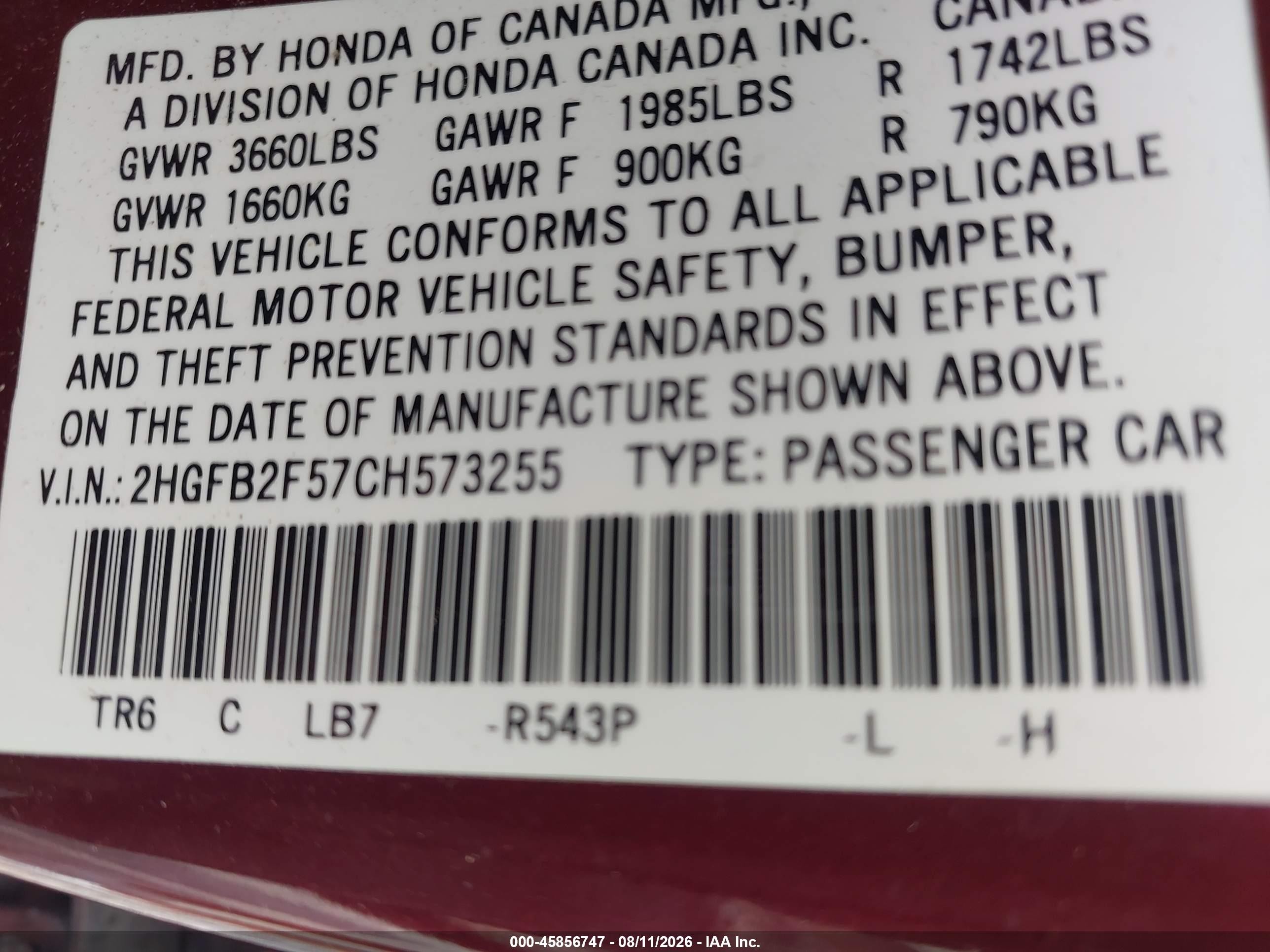 2012 Honda Civic Lx Red vin: 2HGFB2F57CH573255