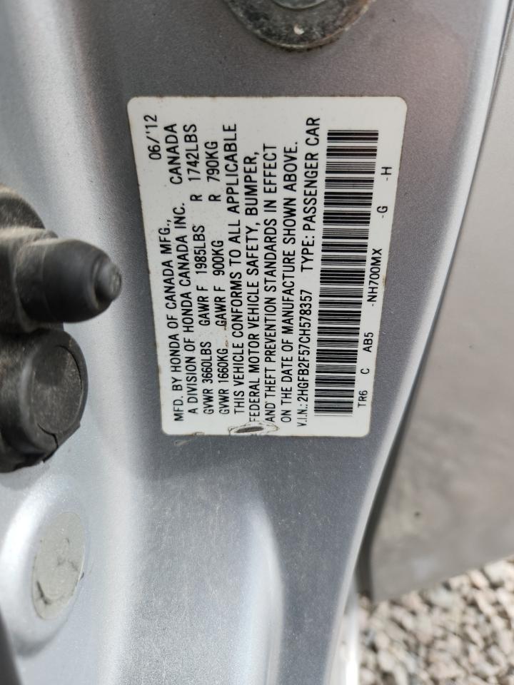 2012 Honda Civic Lx Silver vin: 2HGFB2F57CH578357