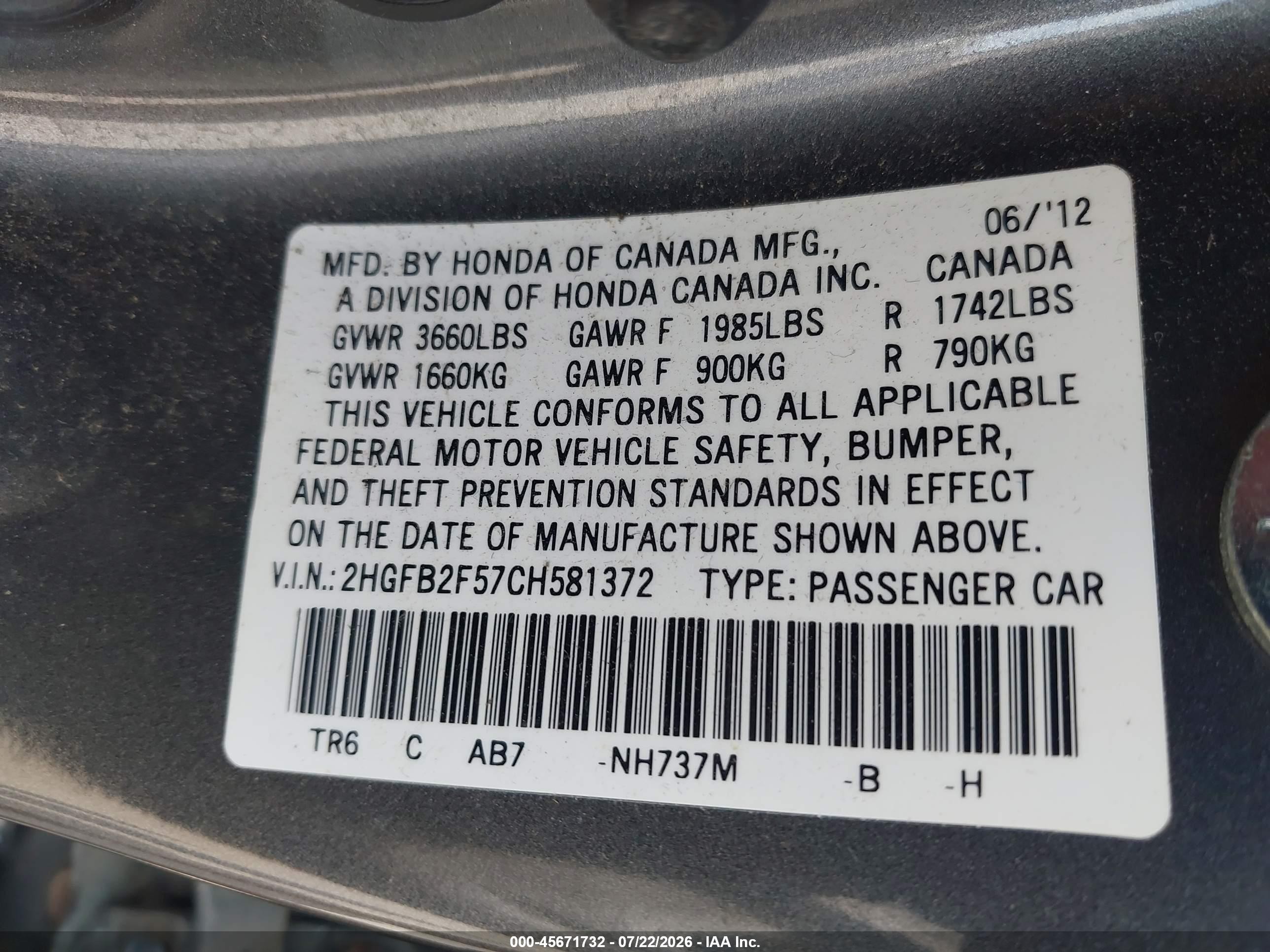 2012 Honda Civic Lx Gray vin: 2HGFB2F57CH581372
