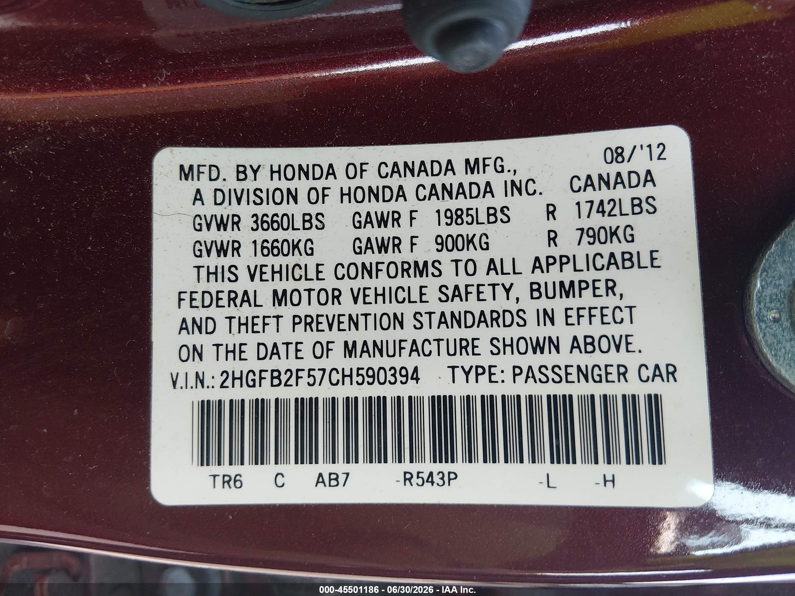 2012 Honda Civic Lx Burgundy vin: 2HGFB2F57CH590394