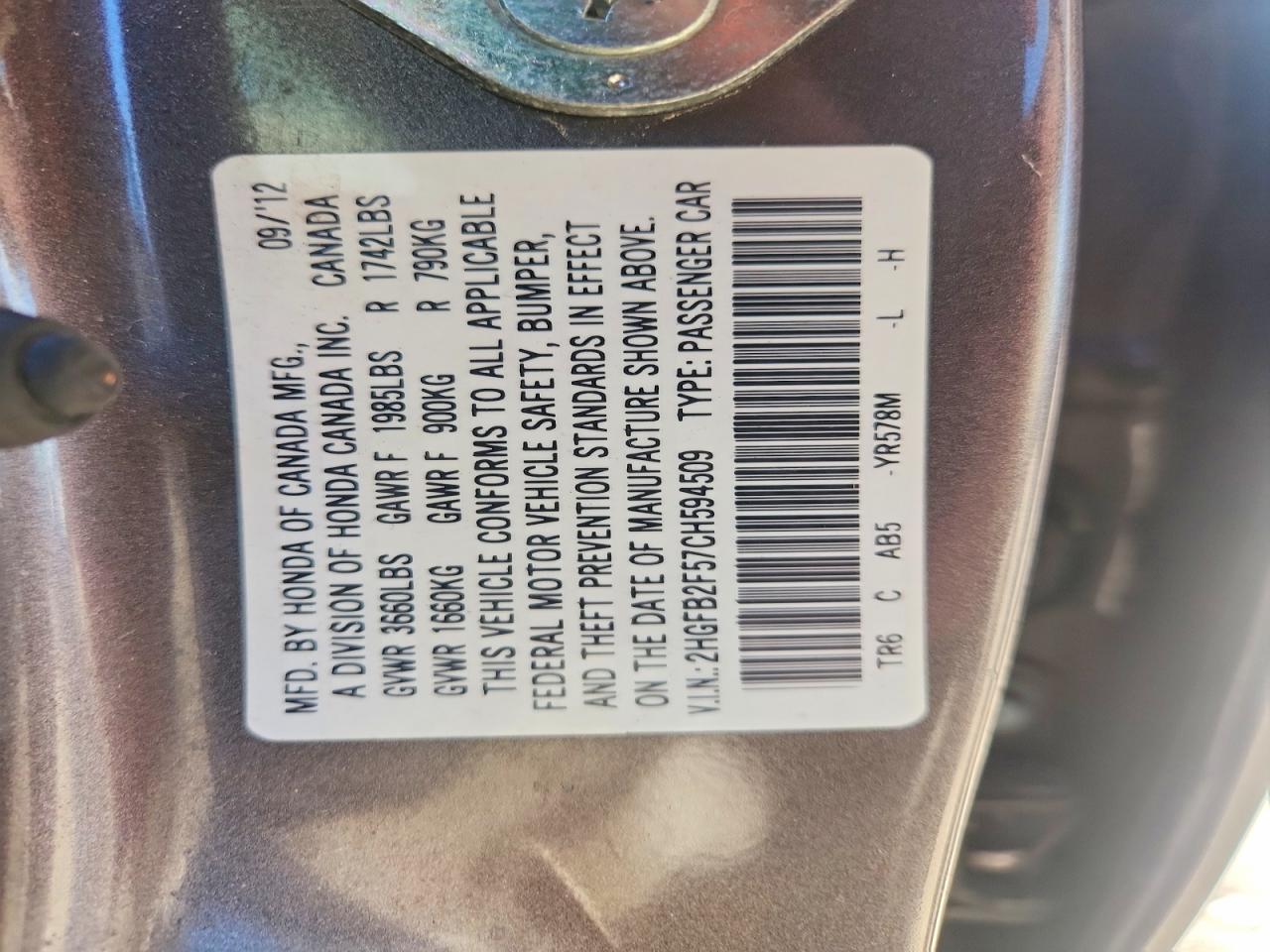 2012 Honda Civic Lx Gray vin: 2HGFB2F57CH594509