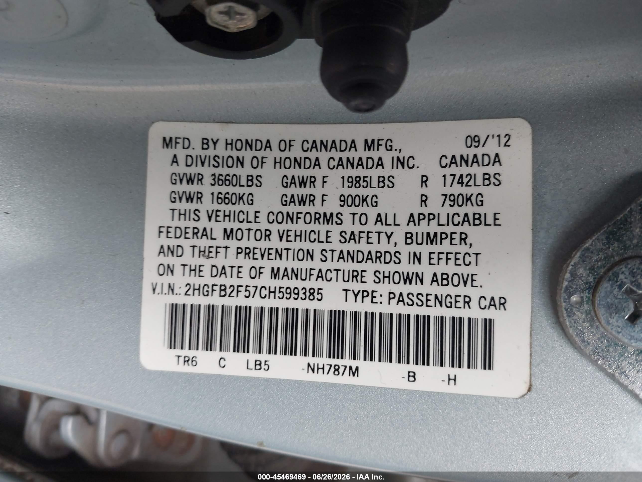 2012 Honda Civic Lx Light Blue vin: 2HGFB2F57CH599385