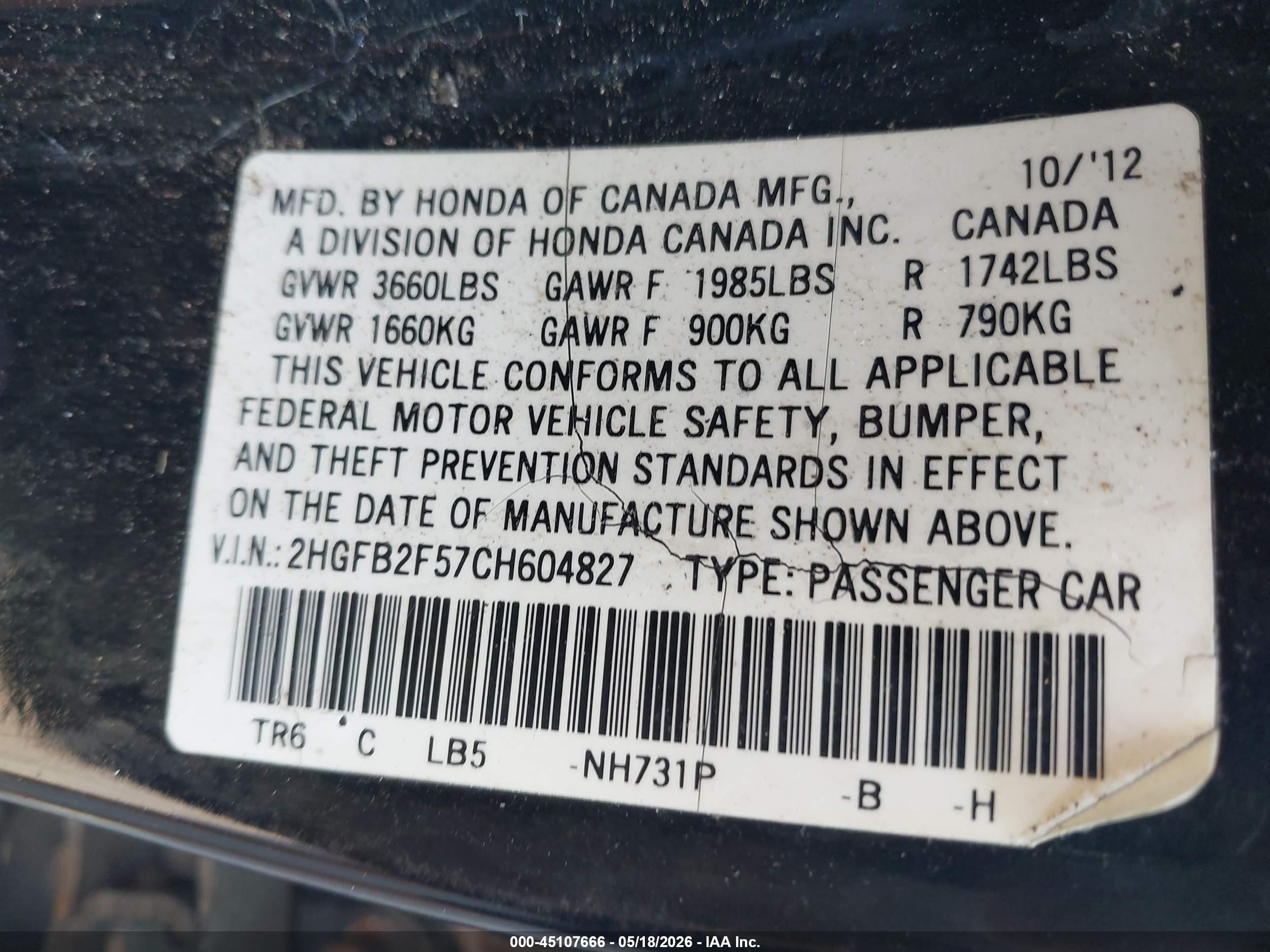 2012 Honda Civic Lx Black vin: 2HGFB2F57CH604827