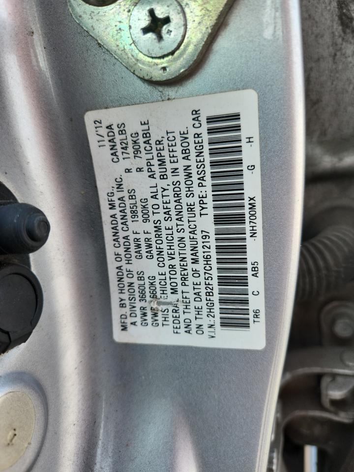 2012 Honda Civic Lx Silver vin: 2HGFB2F57CH612197