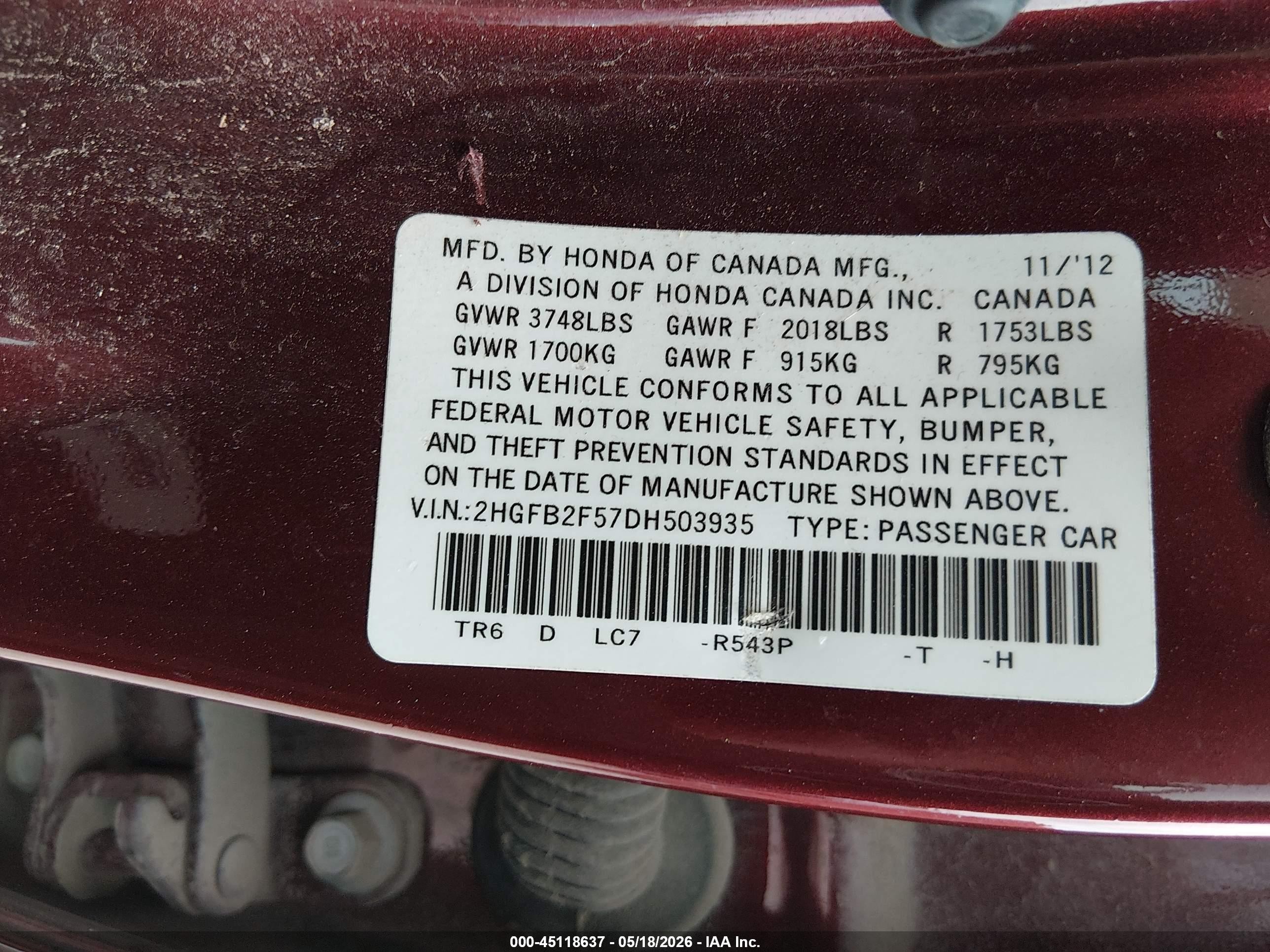 2013 Honda Civic Lx Burgundy vin: 2HGFB2F57DH503935