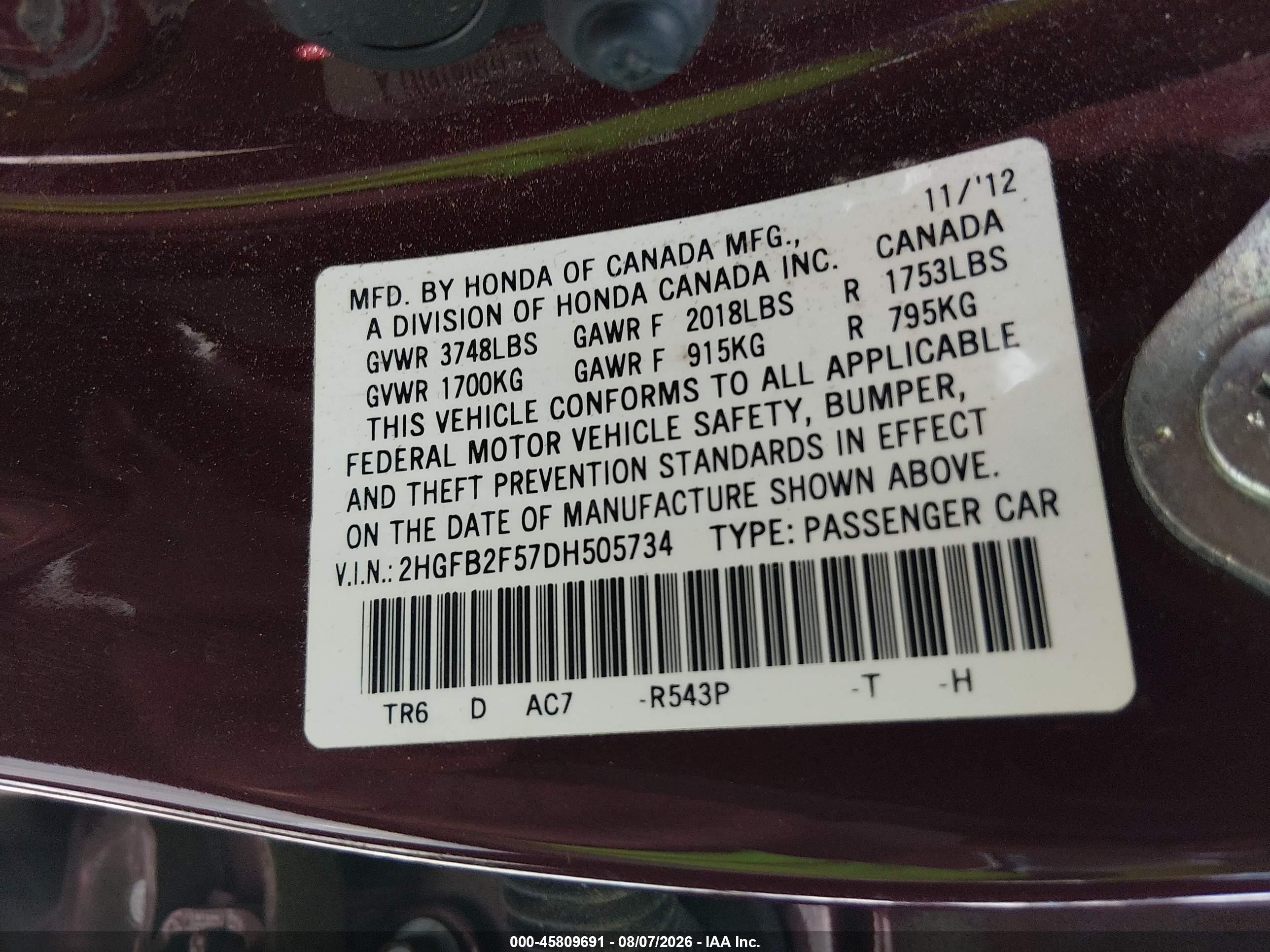2013 Honda Civic Lx Burgundy vin: 2HGFB2F57DH505734