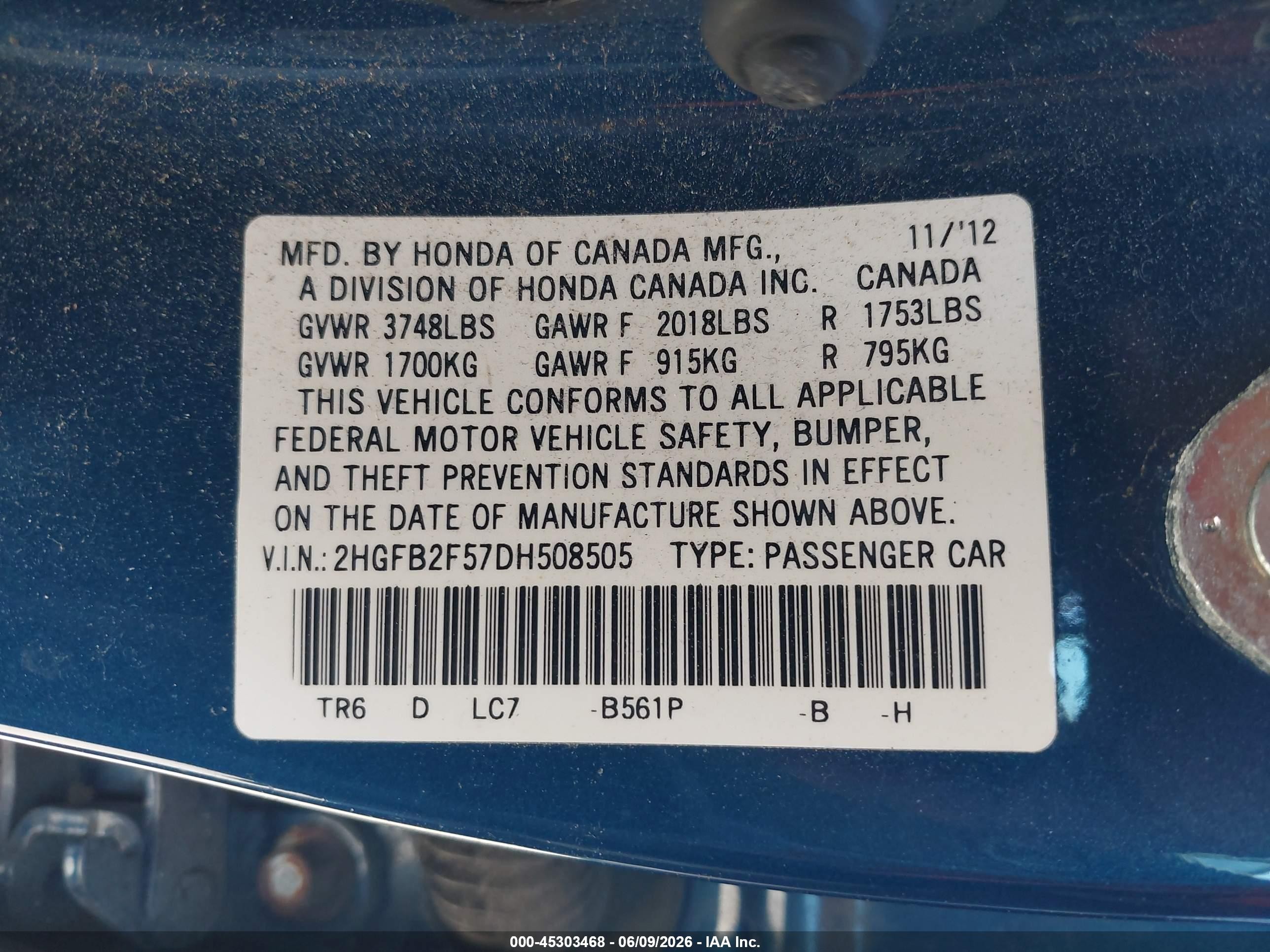 2013 Honda Civic Lx Blue vin: 2HGFB2F57DH508505