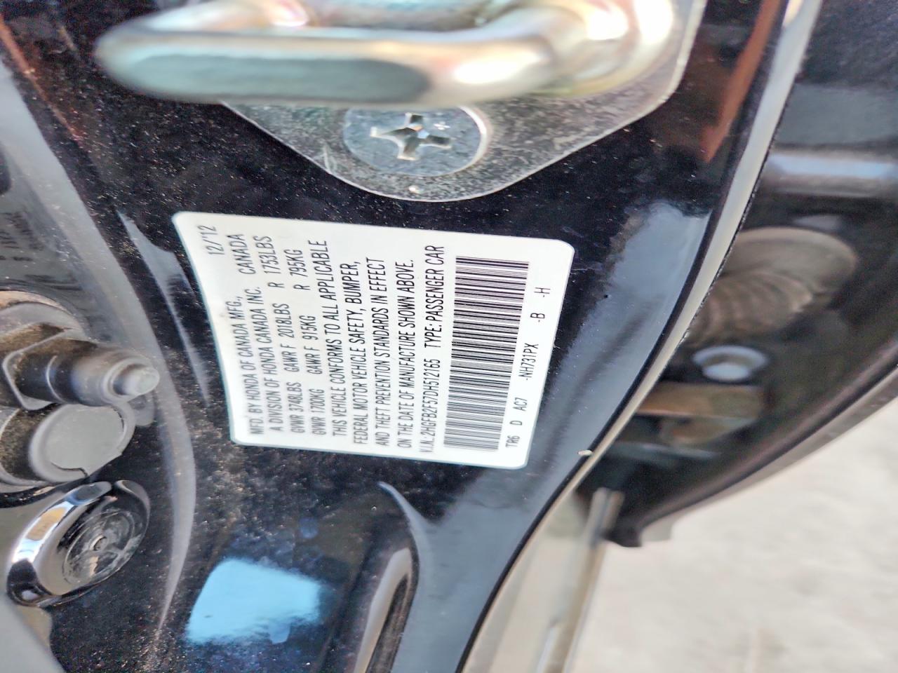 2013 Honda Civic Lx Black vin: 2HGFB2F57DH512165