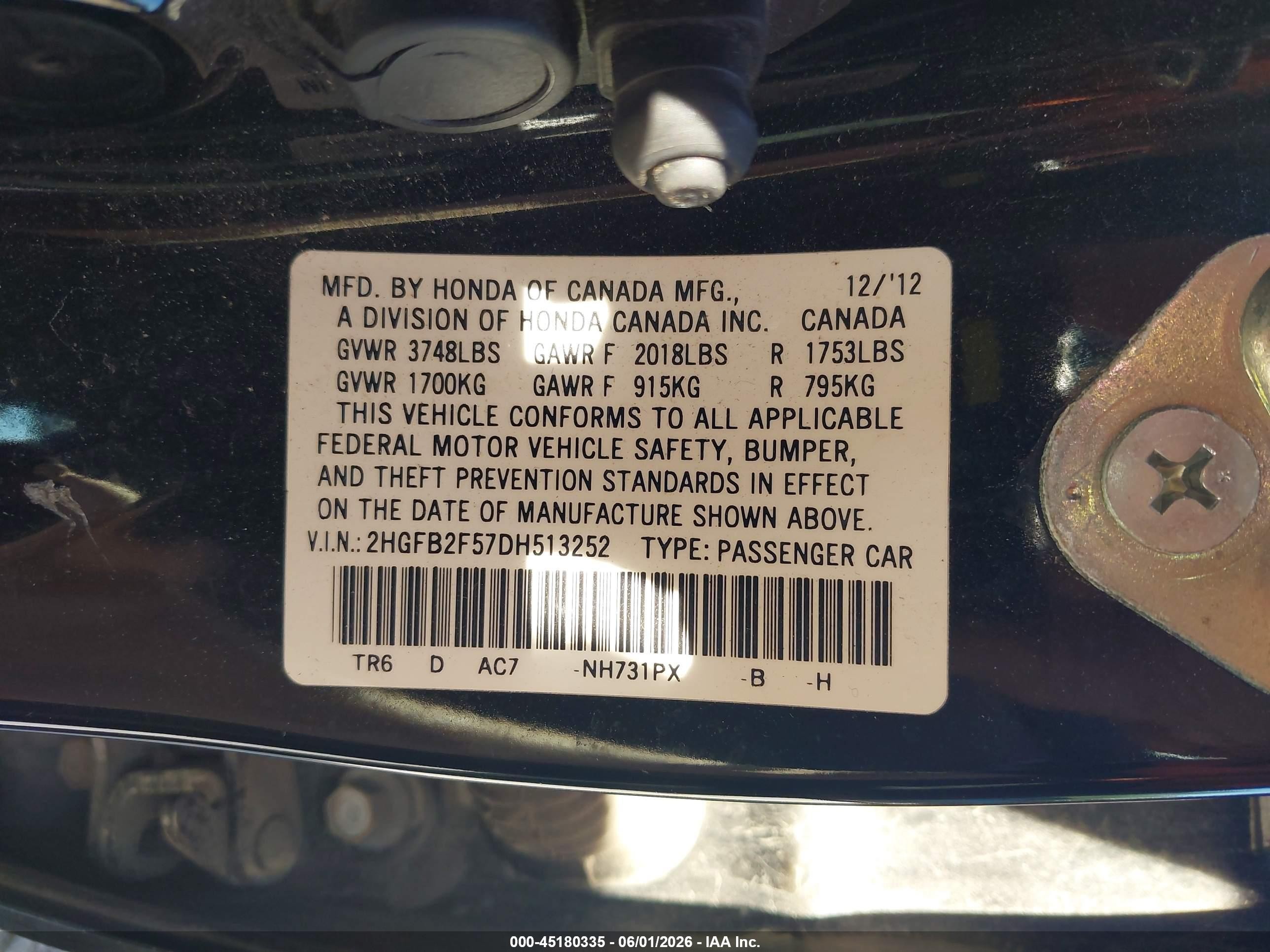 2013 Honda Civic Lx Черный vin: 2HGFB2F57DH513252