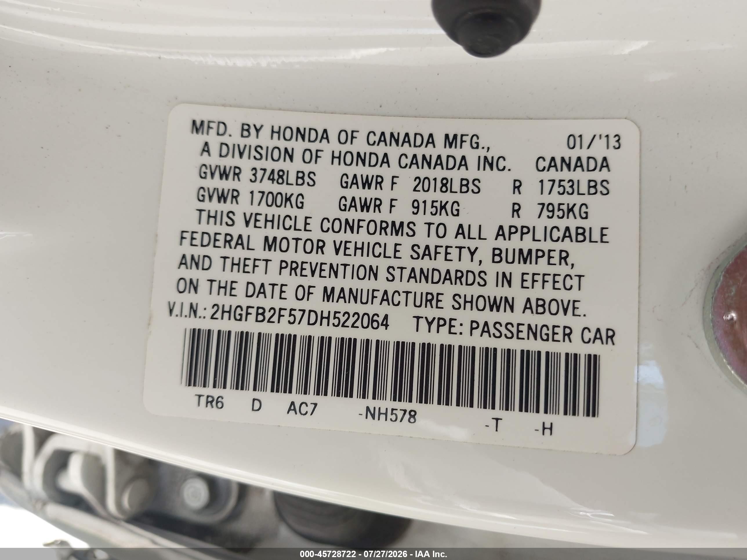 2013 Honda Civic Lx White vin: 2HGFB2F57DH522064