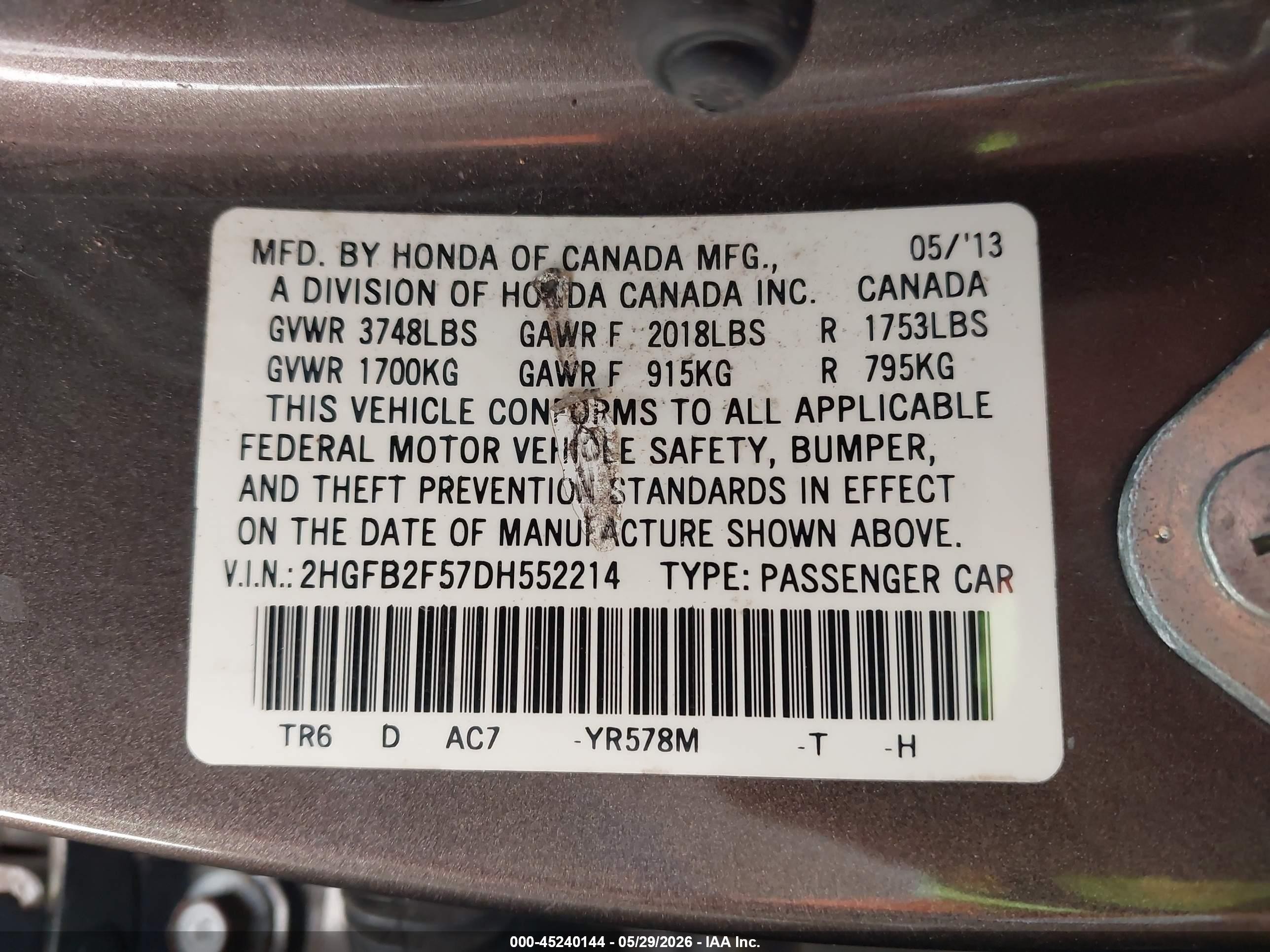 2013 Honda Civic Lx Gray vin: 2HGFB2F57DH552214