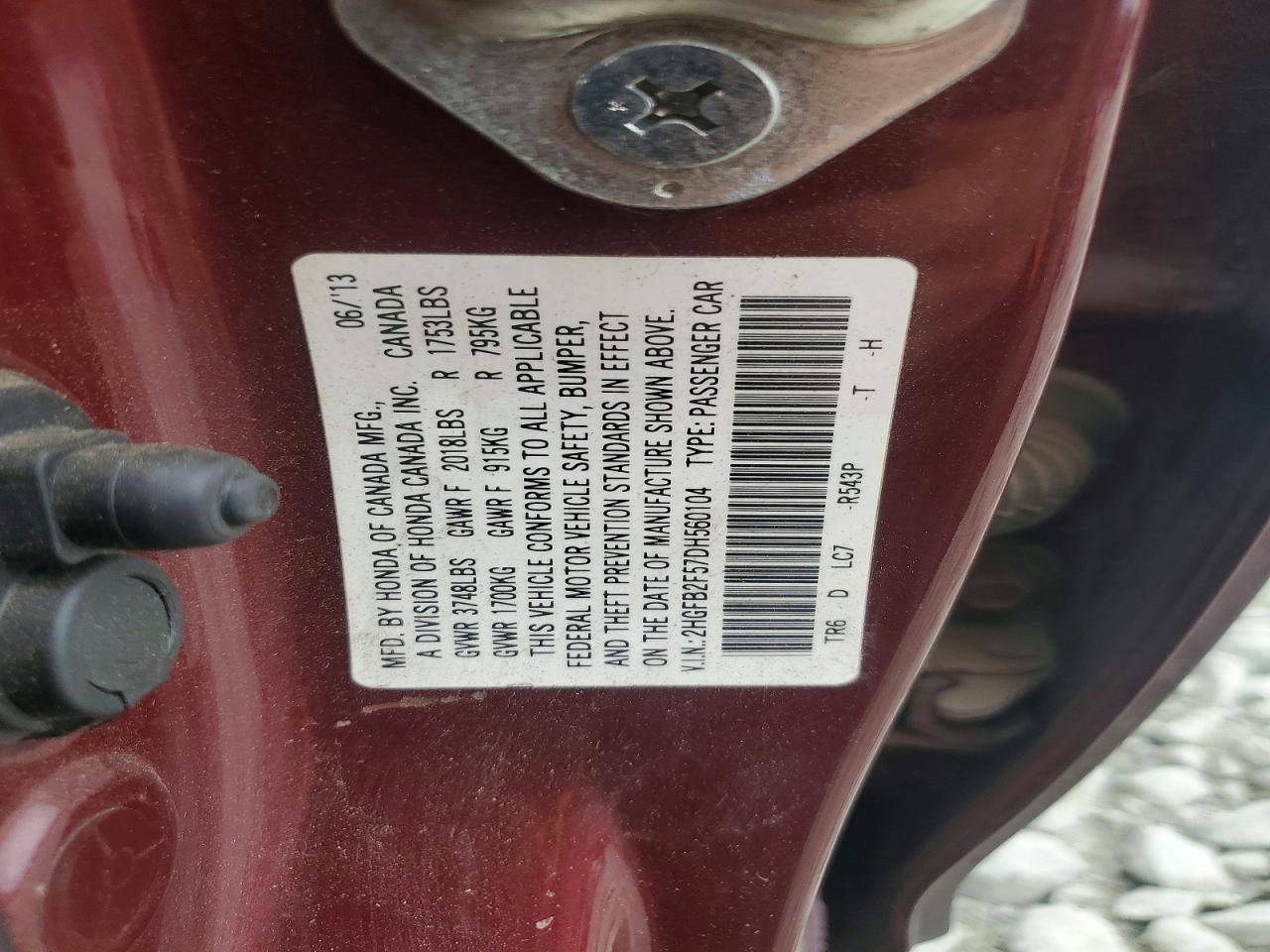2013 Honda Civic Lx Burgundy vin: 2HGFB2F57DH560104