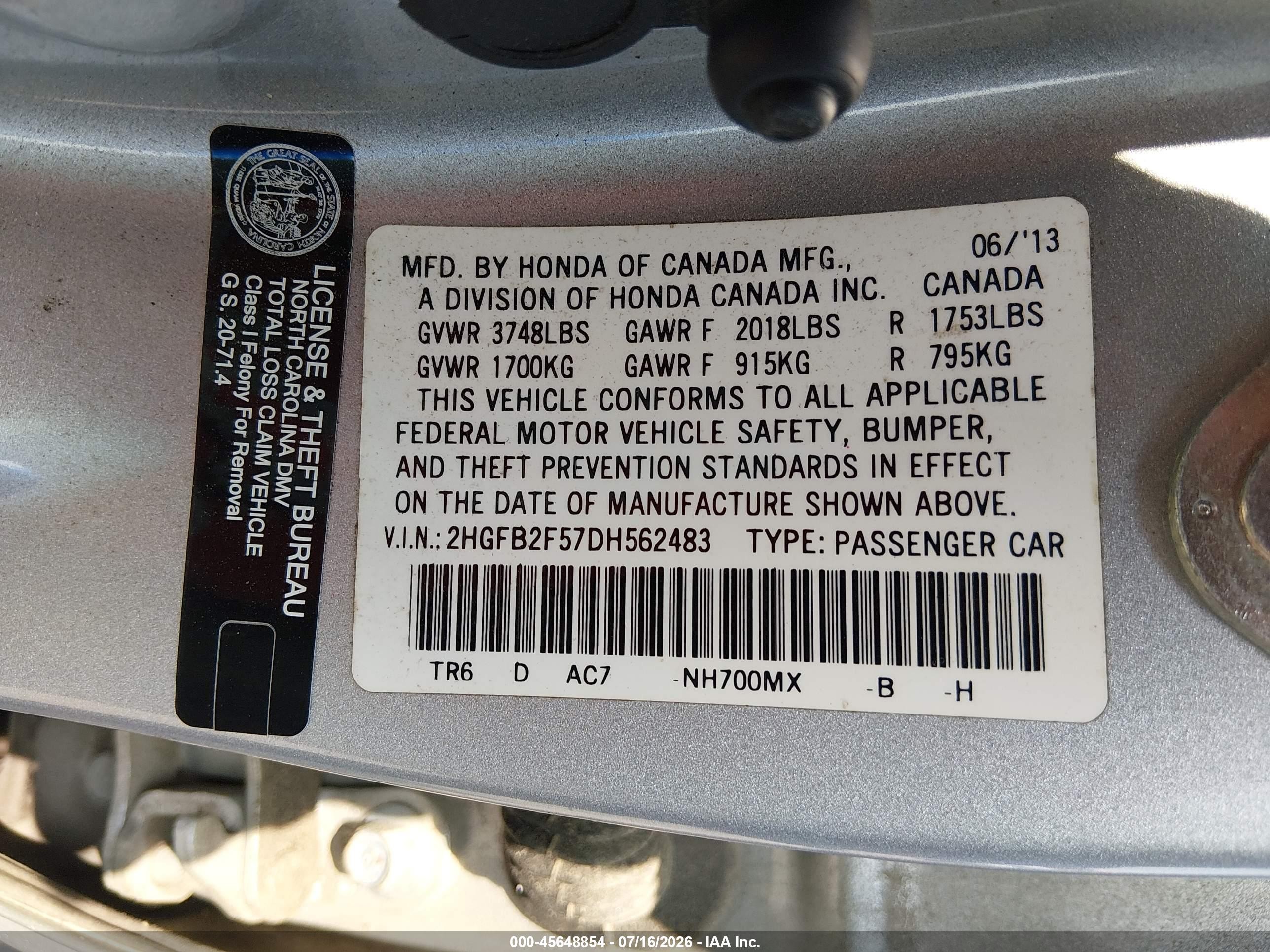 2013 Honda Civic Lx Silver vin: 2HGFB2F57DH562483