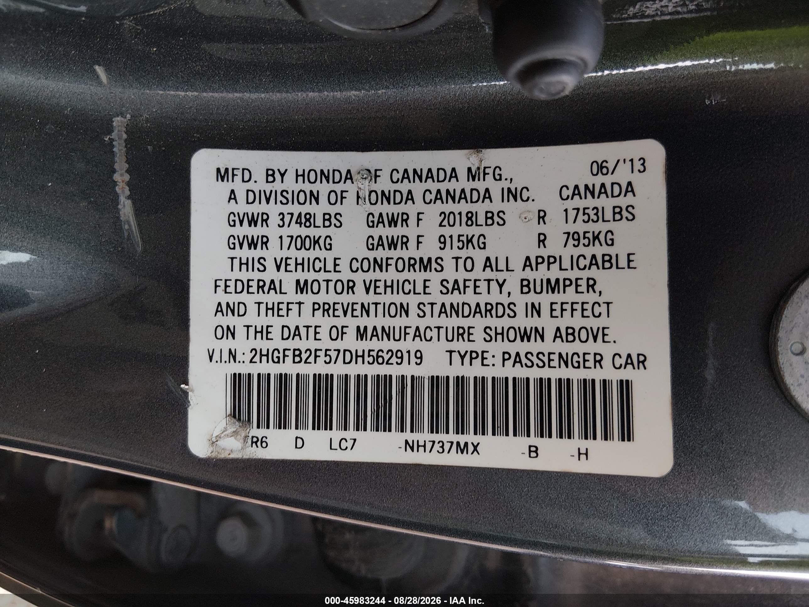 2013 Honda Civic Lx Синий vin: 2HGFB2F57DH562919