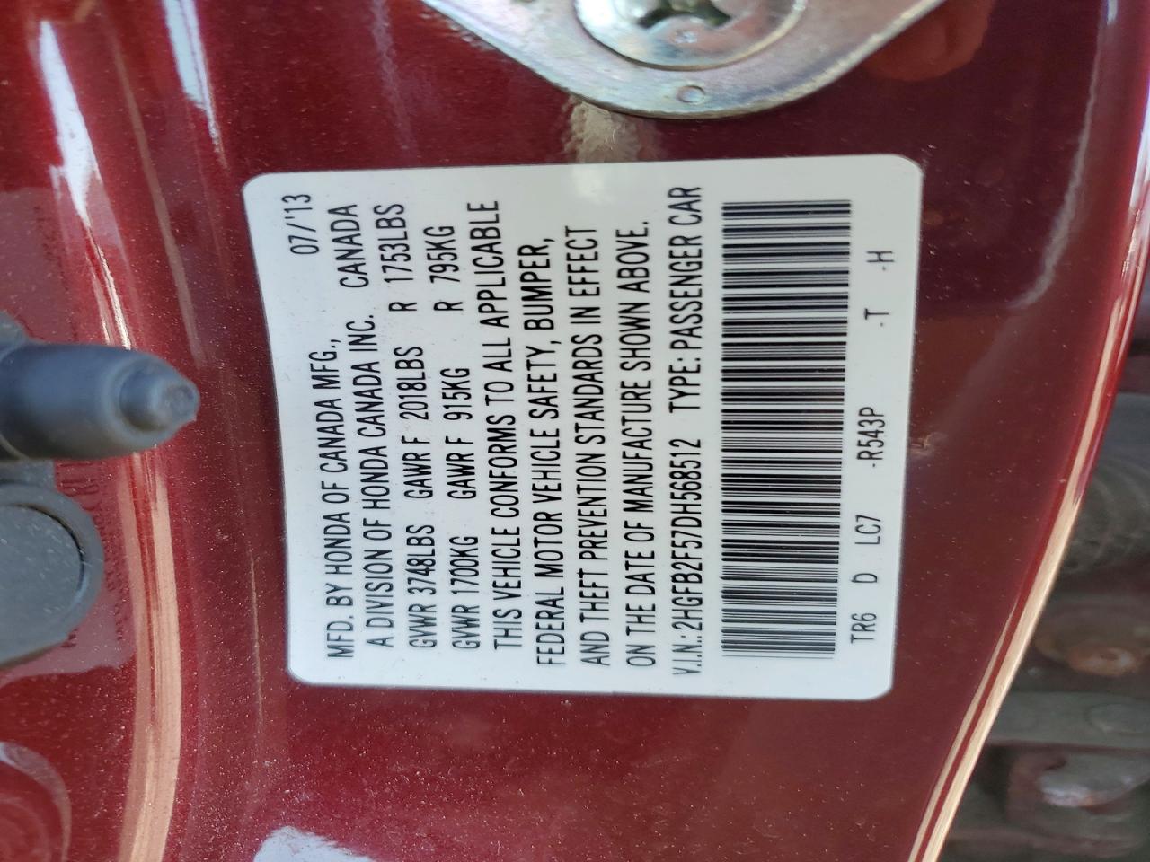 2013 Honda Civic Lx Maroon vin: 2HGFB2F57DH568512