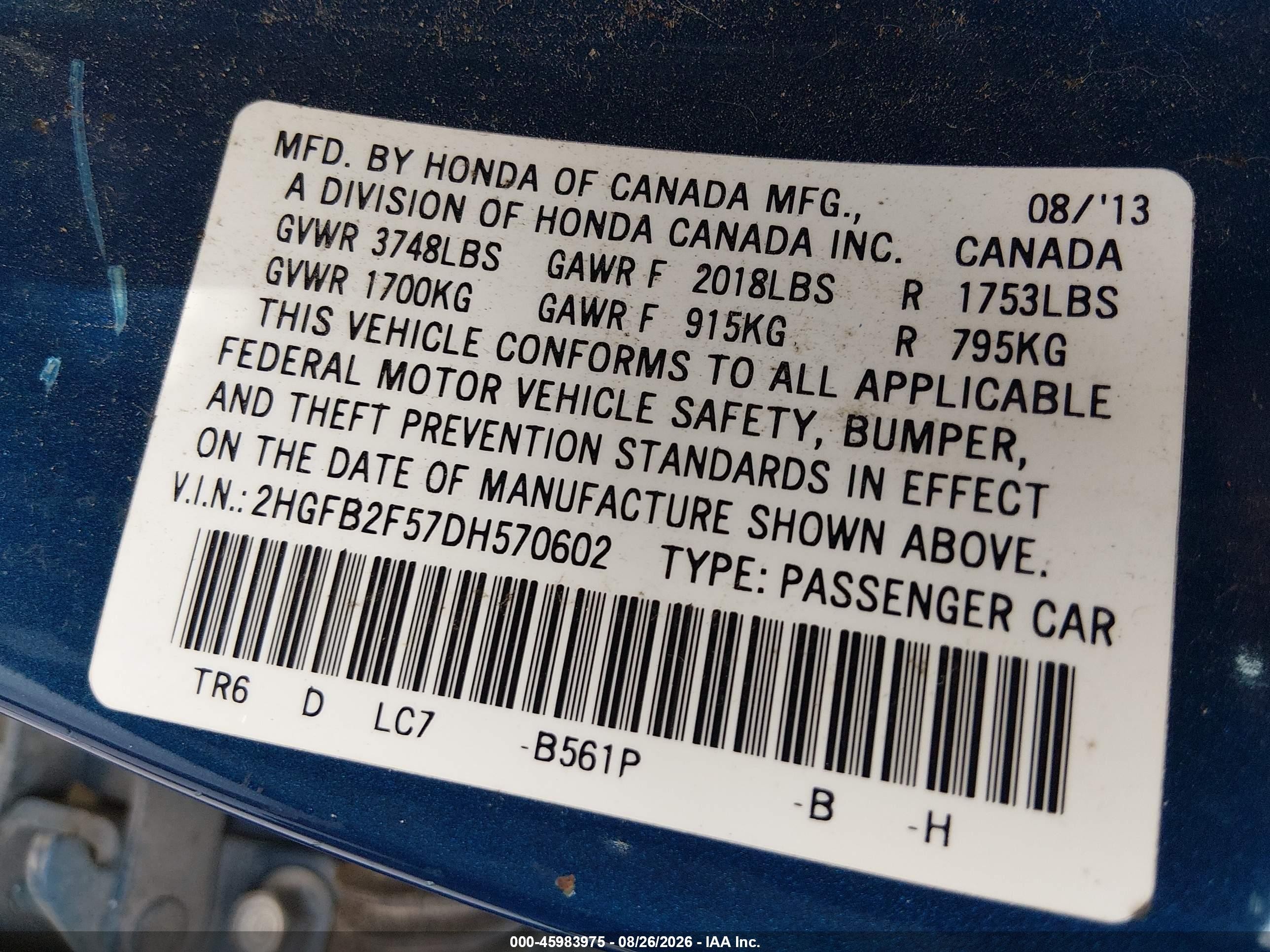 2013 Honda Civic Lx Blue vin: 2HGFB2F57DH570602
