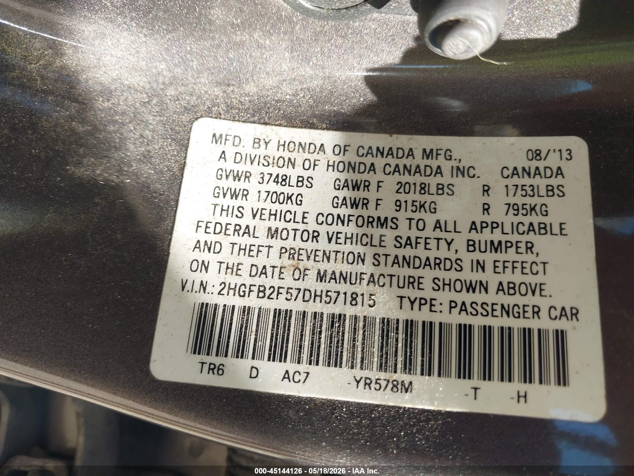 2013 Honda Civic Lx Champagne vin: 2HGFB2F57DH571815