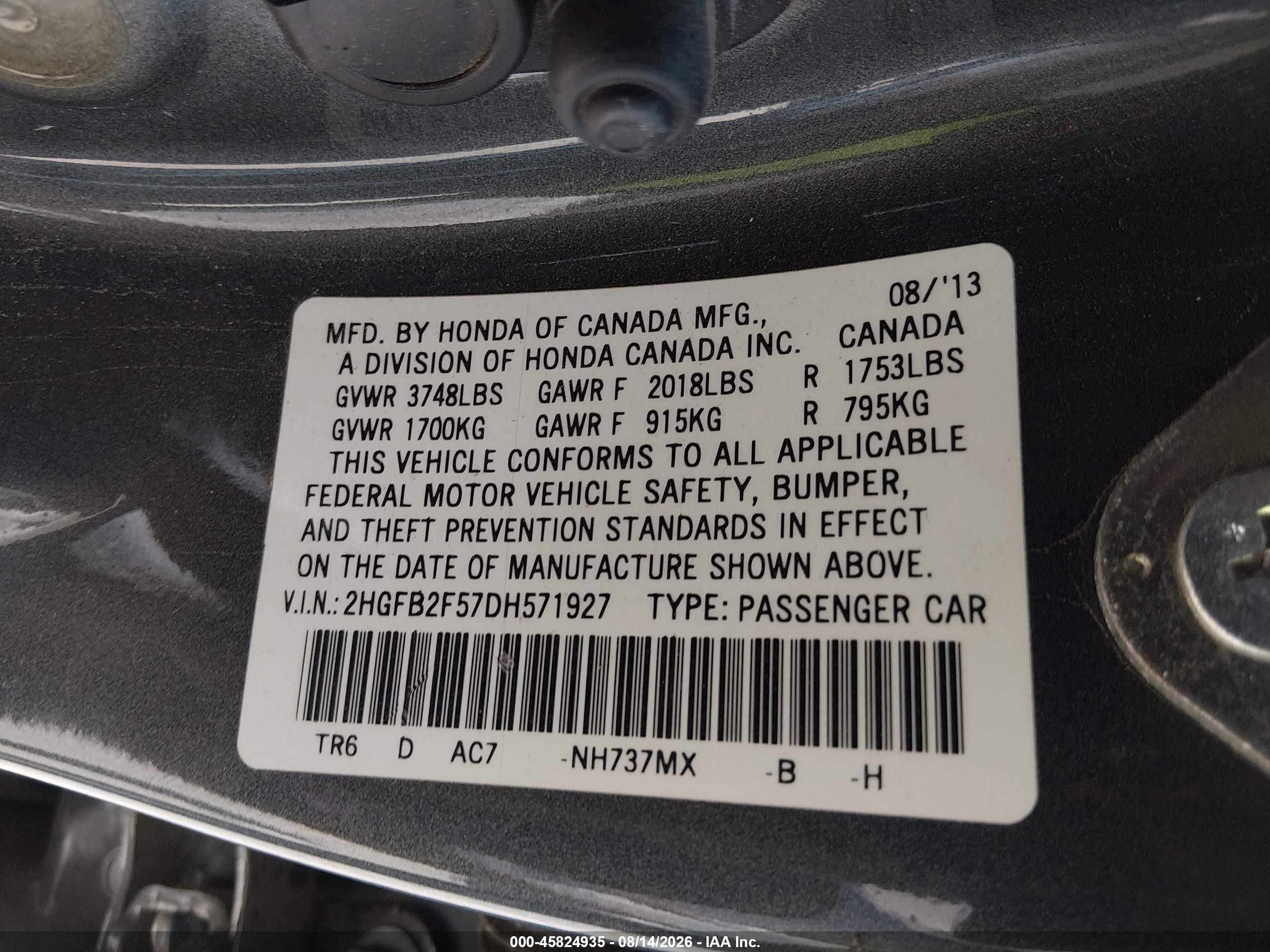 2013 Honda Civic Lx Gray vin: 2HGFB2F57DH571927