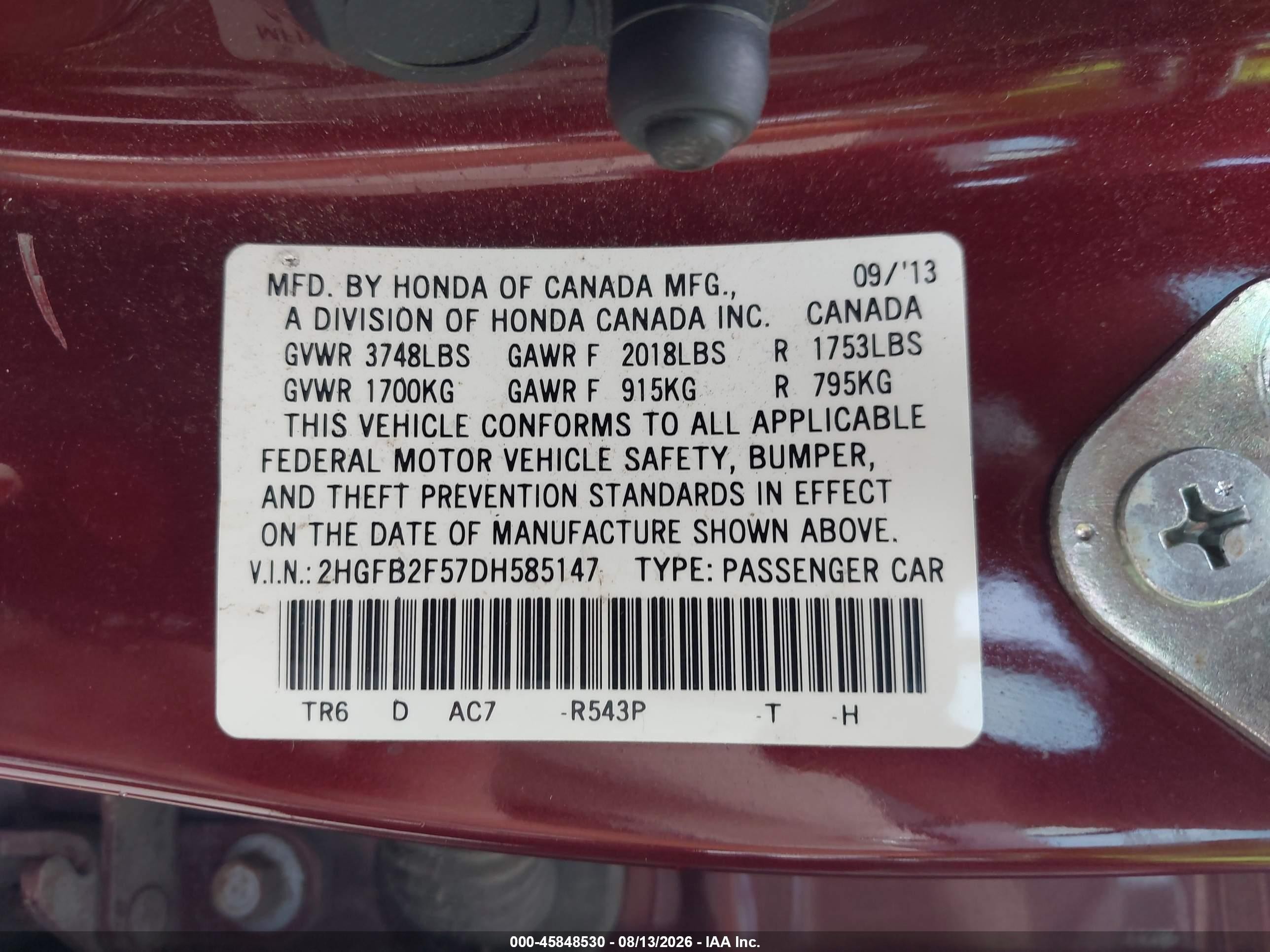 2013 Honda Civic Lx Red vin: 2HGFB2F57DH585147