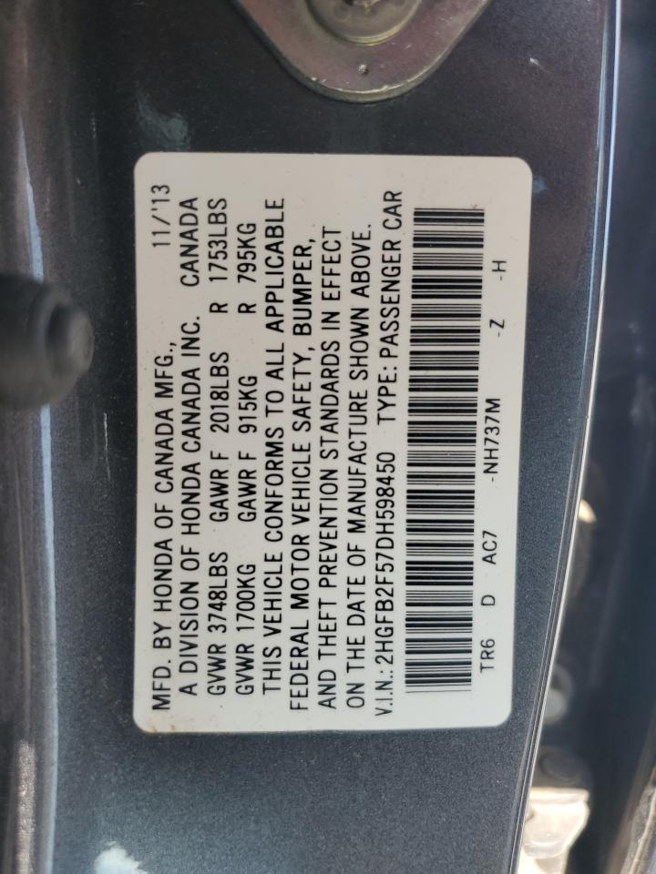 2013 Honda Civic Lx Gray vin: 2HGFB2F57DH598450