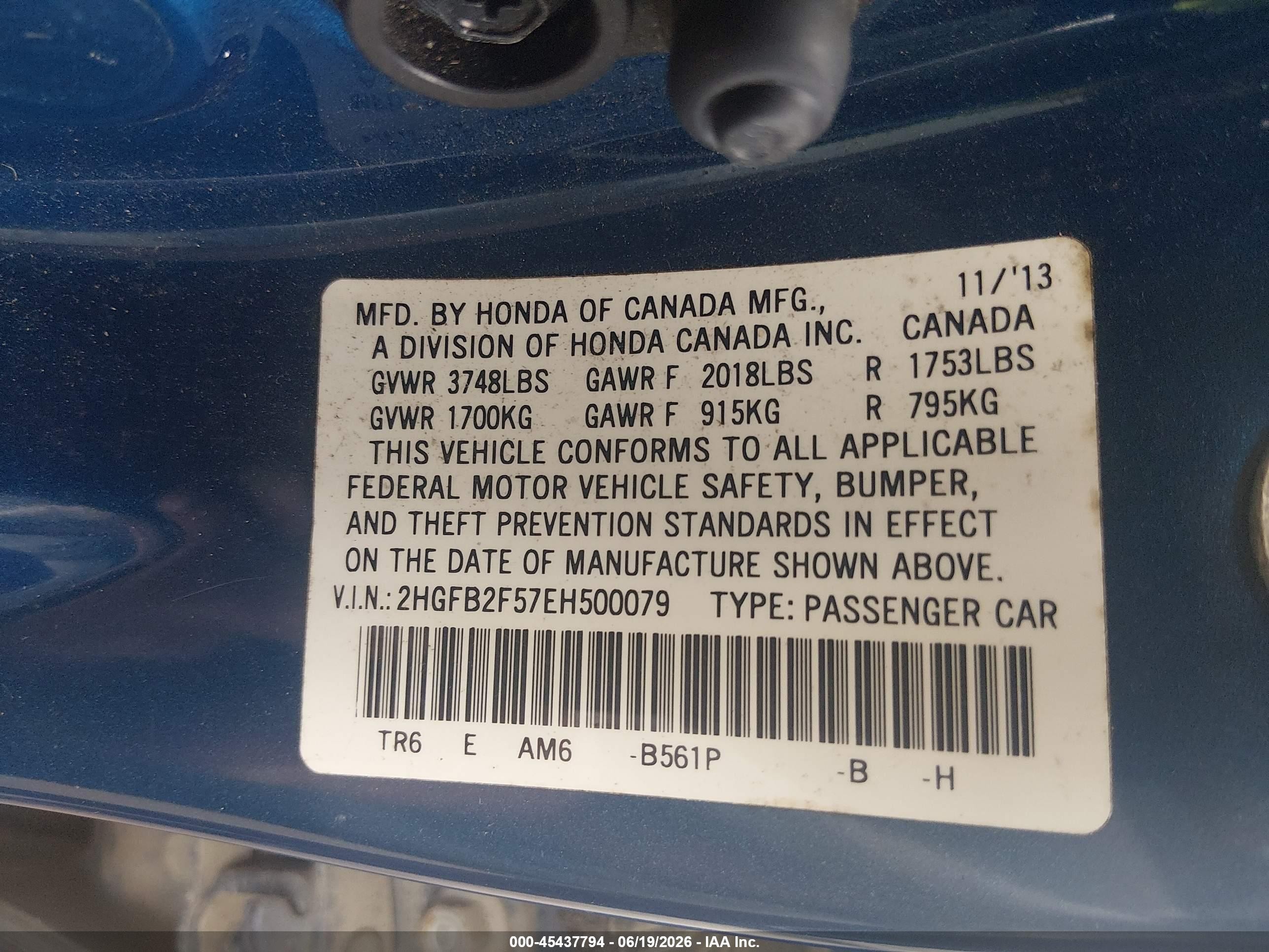 2014 Honda Civic Lx Blue vin: 2HGFB2F57EH500079