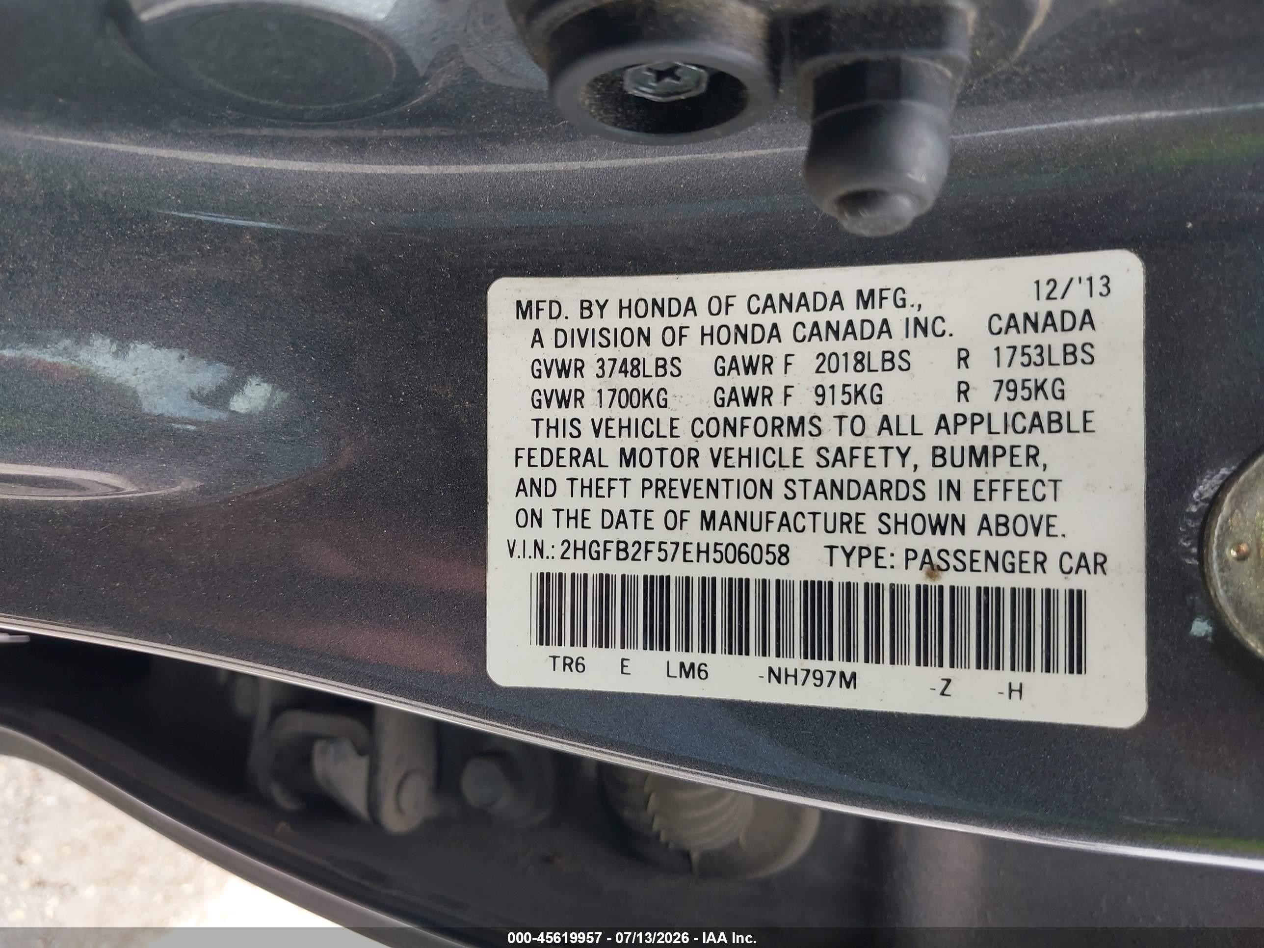 2014 Honda Civic Lx Серый vin: 2HGFB2F57EH506058