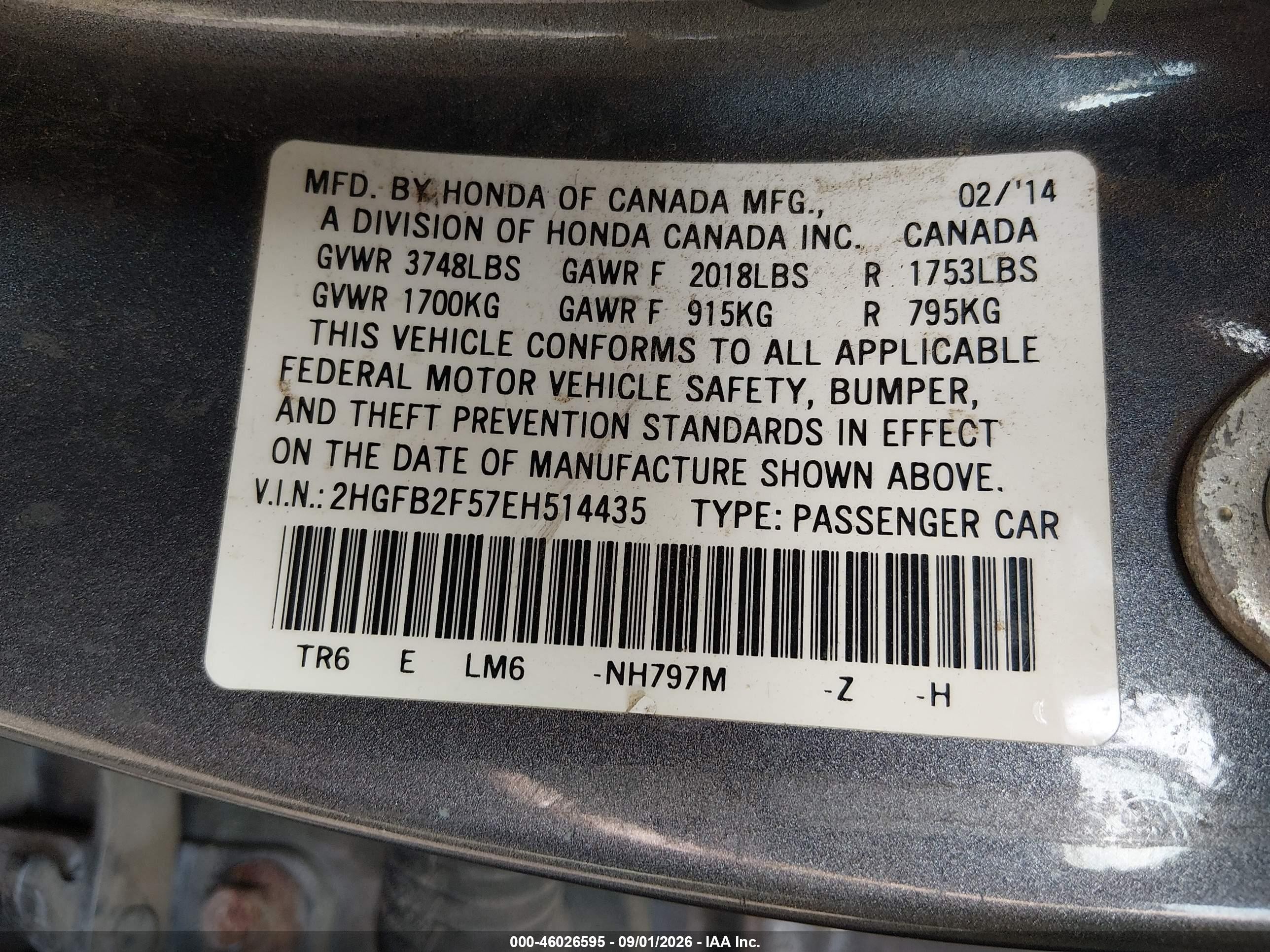 2014 Honda Civic Lx Gray vin: 2HGFB2F57EH514435