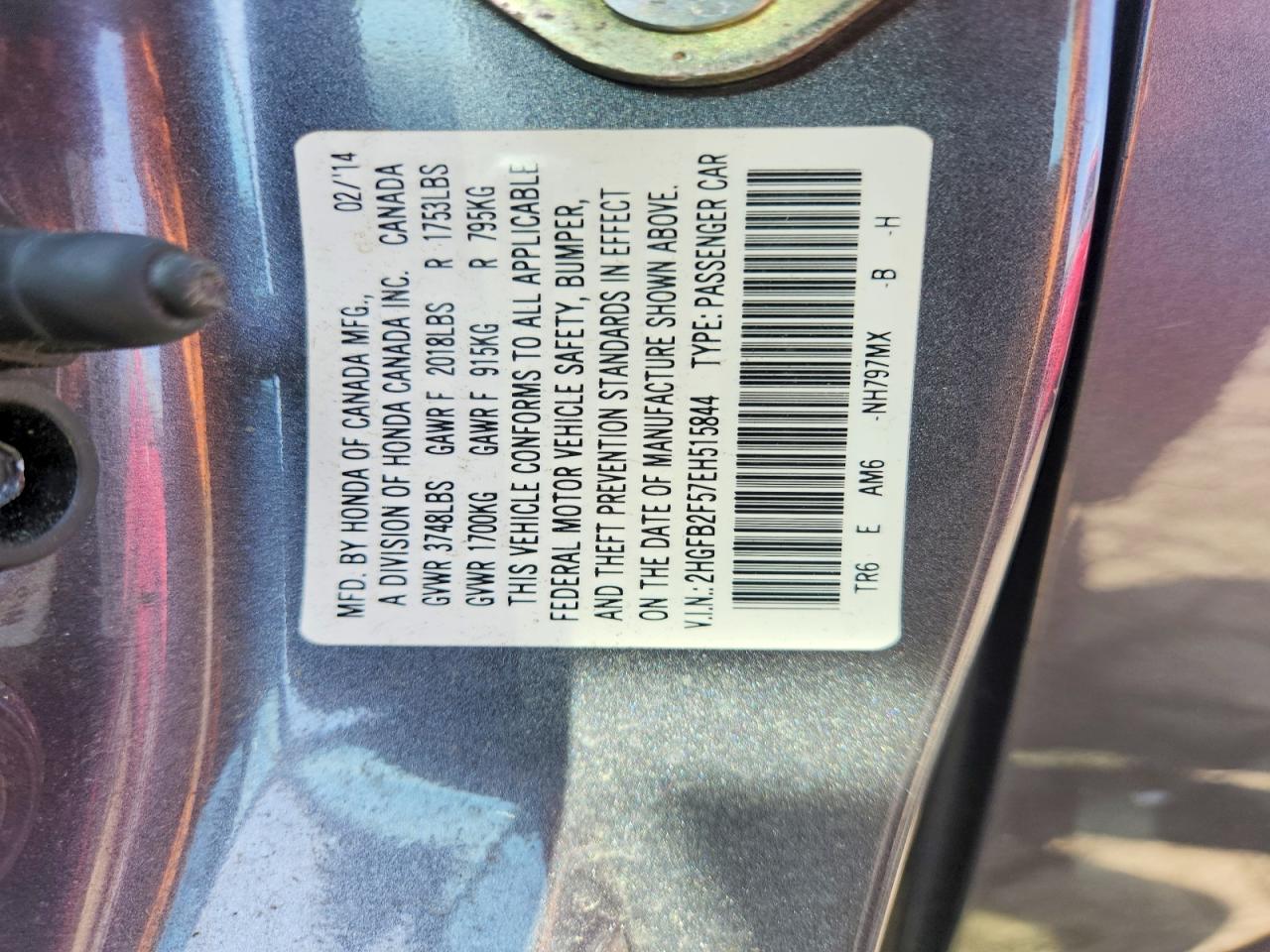 2014 Honda Civic Lx Gray vin: 2HGFB2F57EH515844
