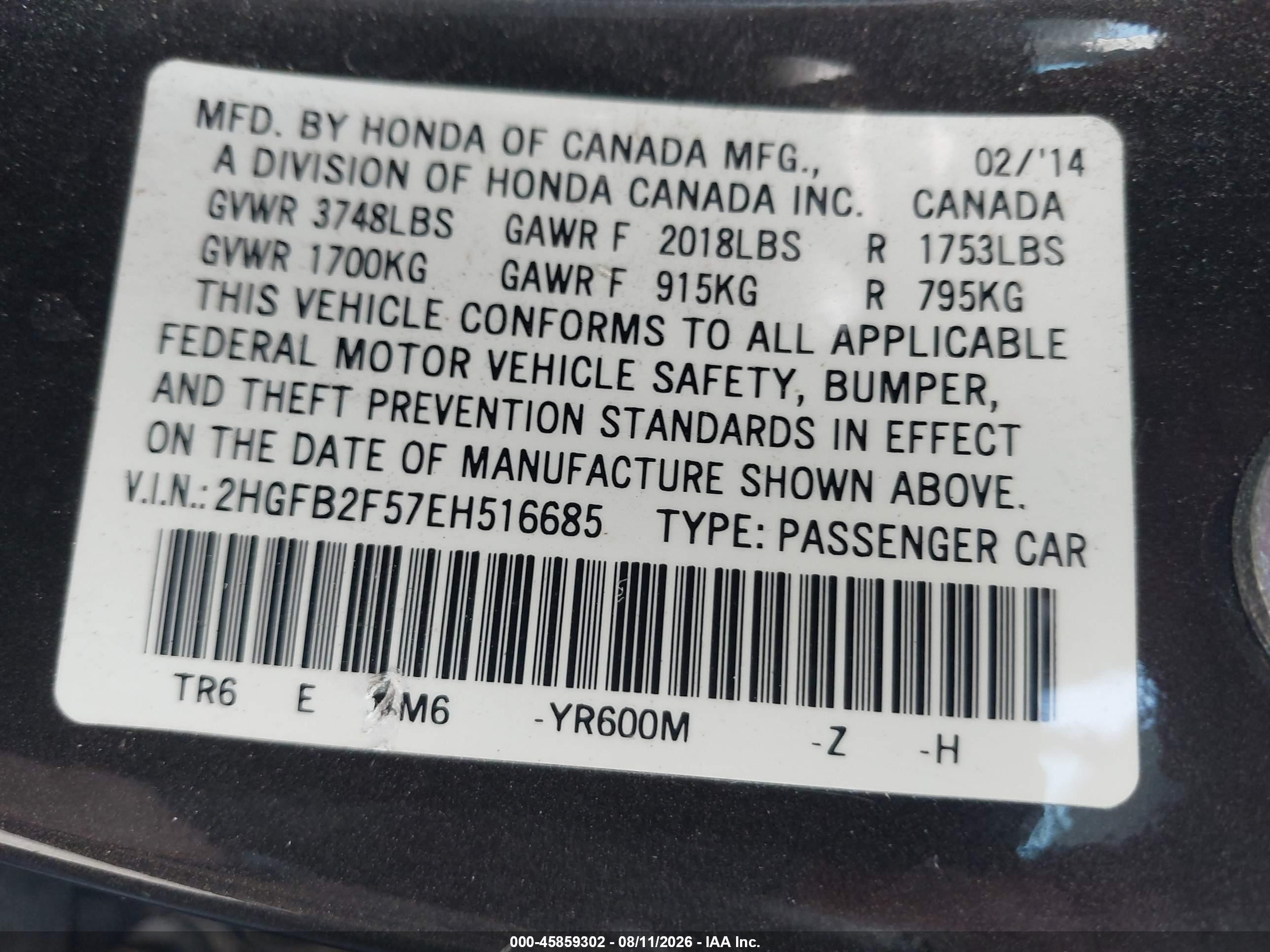 2014 Honda Civic Lx Gray vin: 2HGFB2F57EH516685