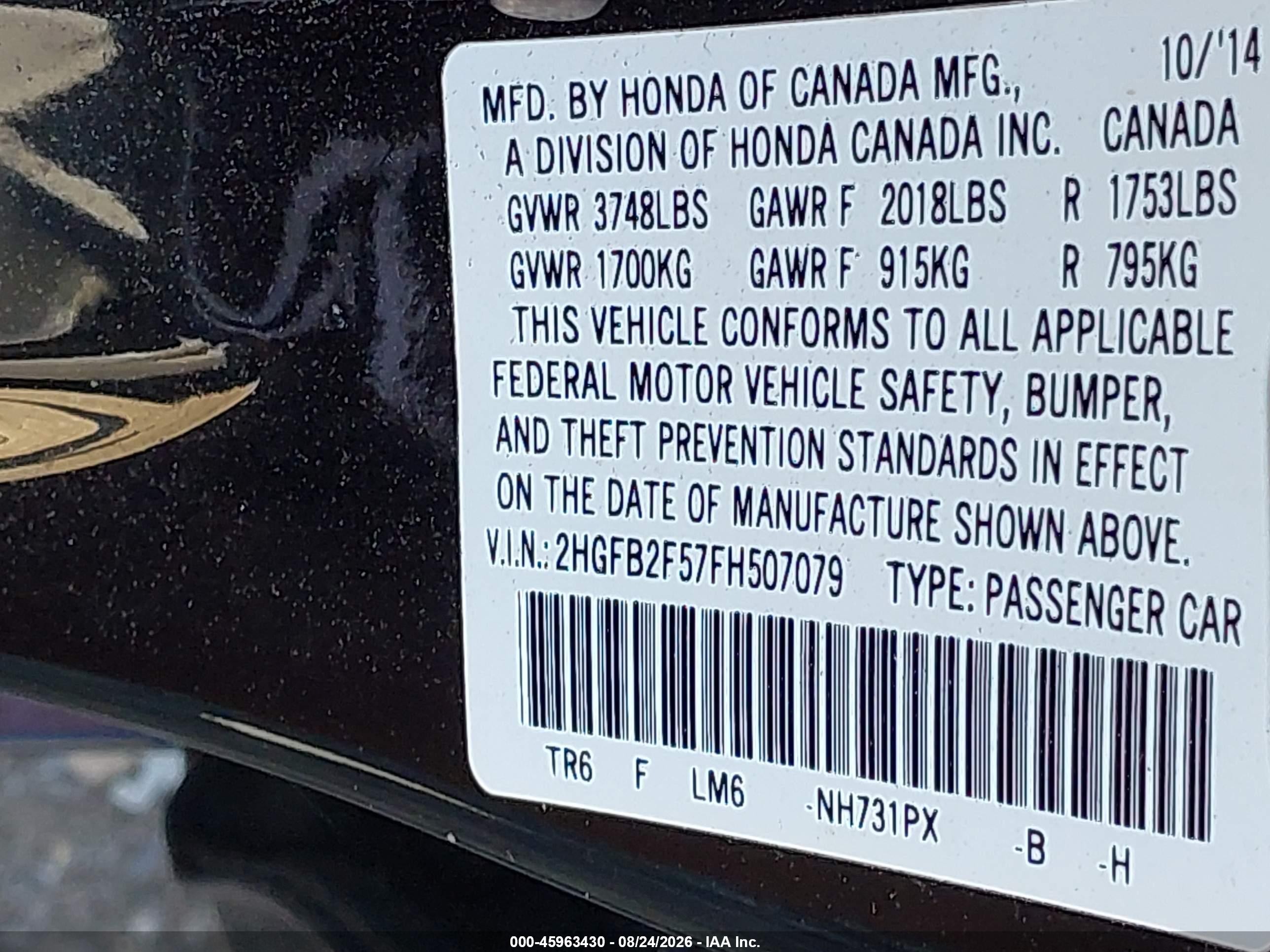 2015 Honda Civic Lx Black vin: 2HGFB2F57FH507079