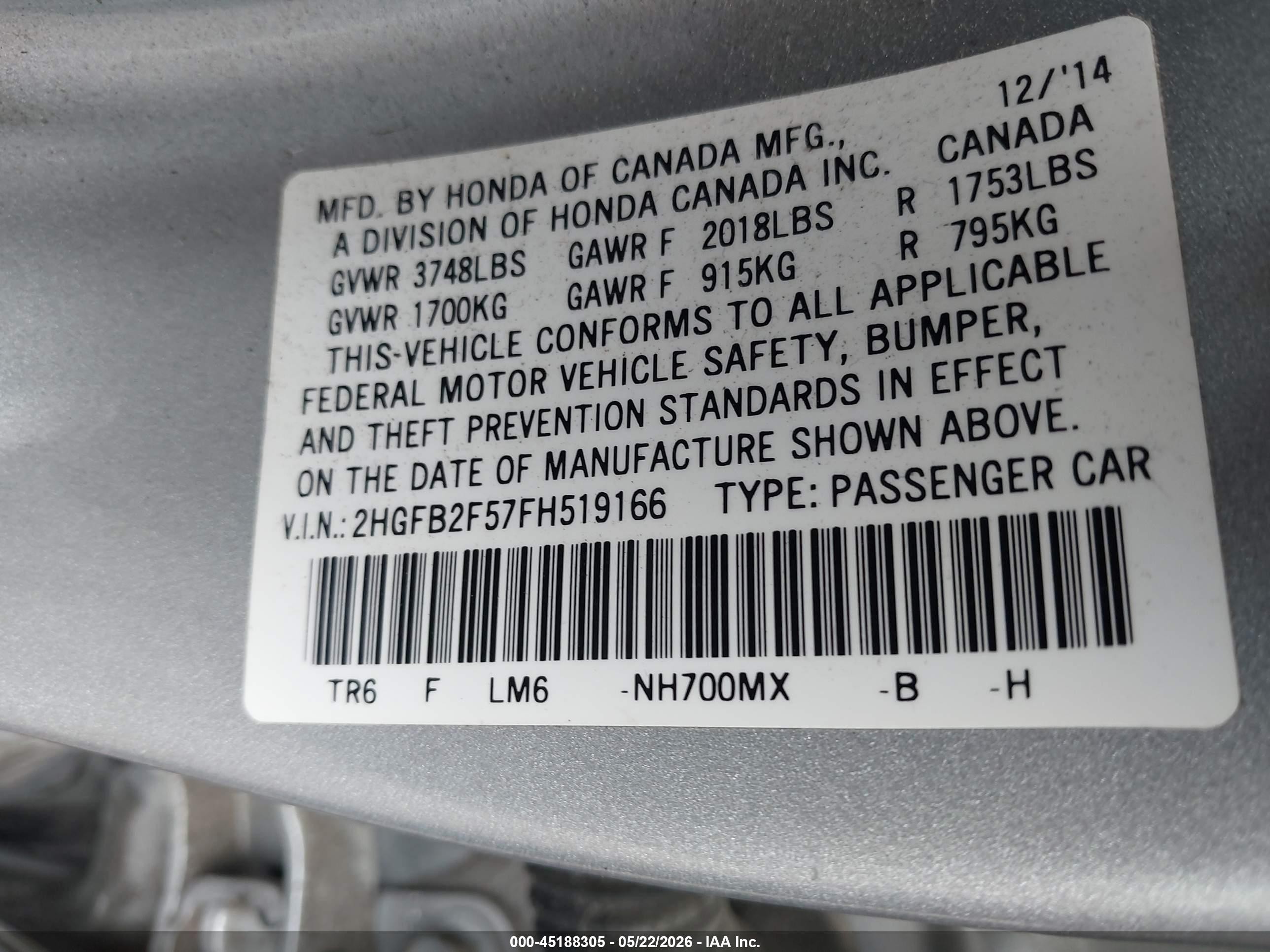 2015 Honda Civic Lx Silver vin: 2HGFB2F57FH519166
