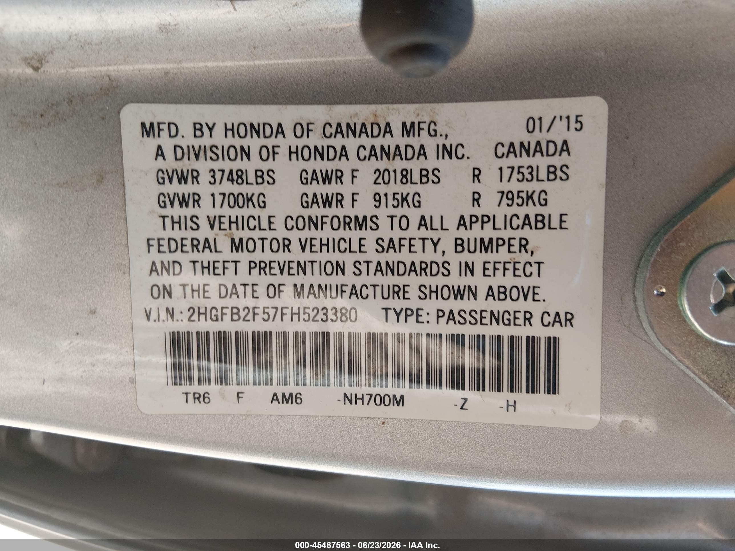 2015 Honda Civic Lx Silver vin: 2HGFB2F57FH523380