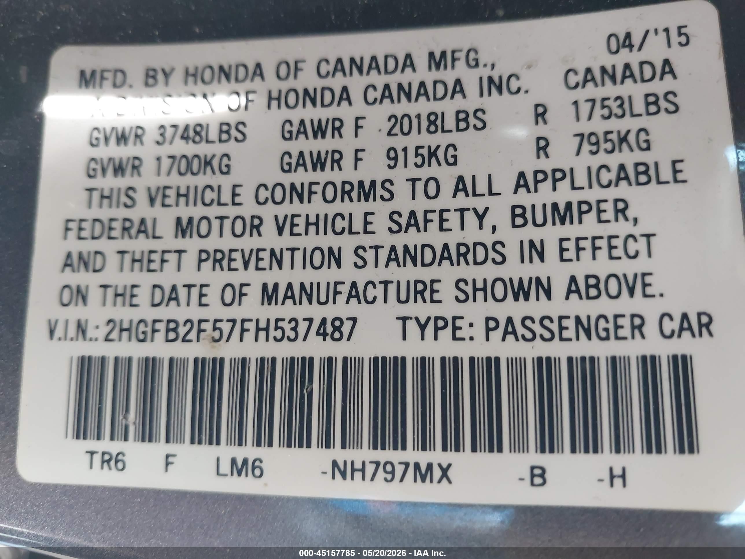 2015 Honda Civic Lx Серый vin: 2HGFB2F57FH537487