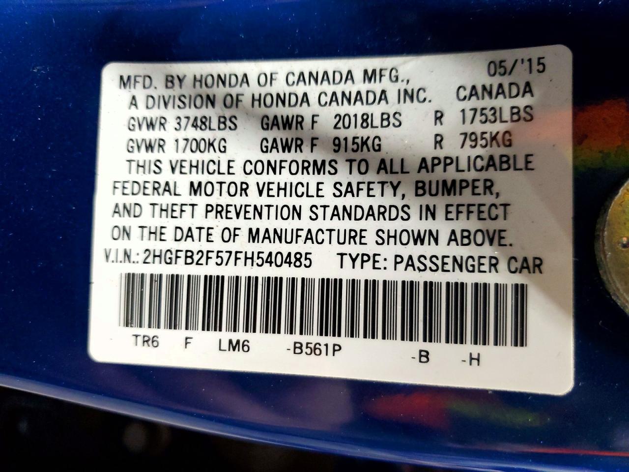 2015 Honda Civic Lx Blue vin: 2HGFB2F57FH540485