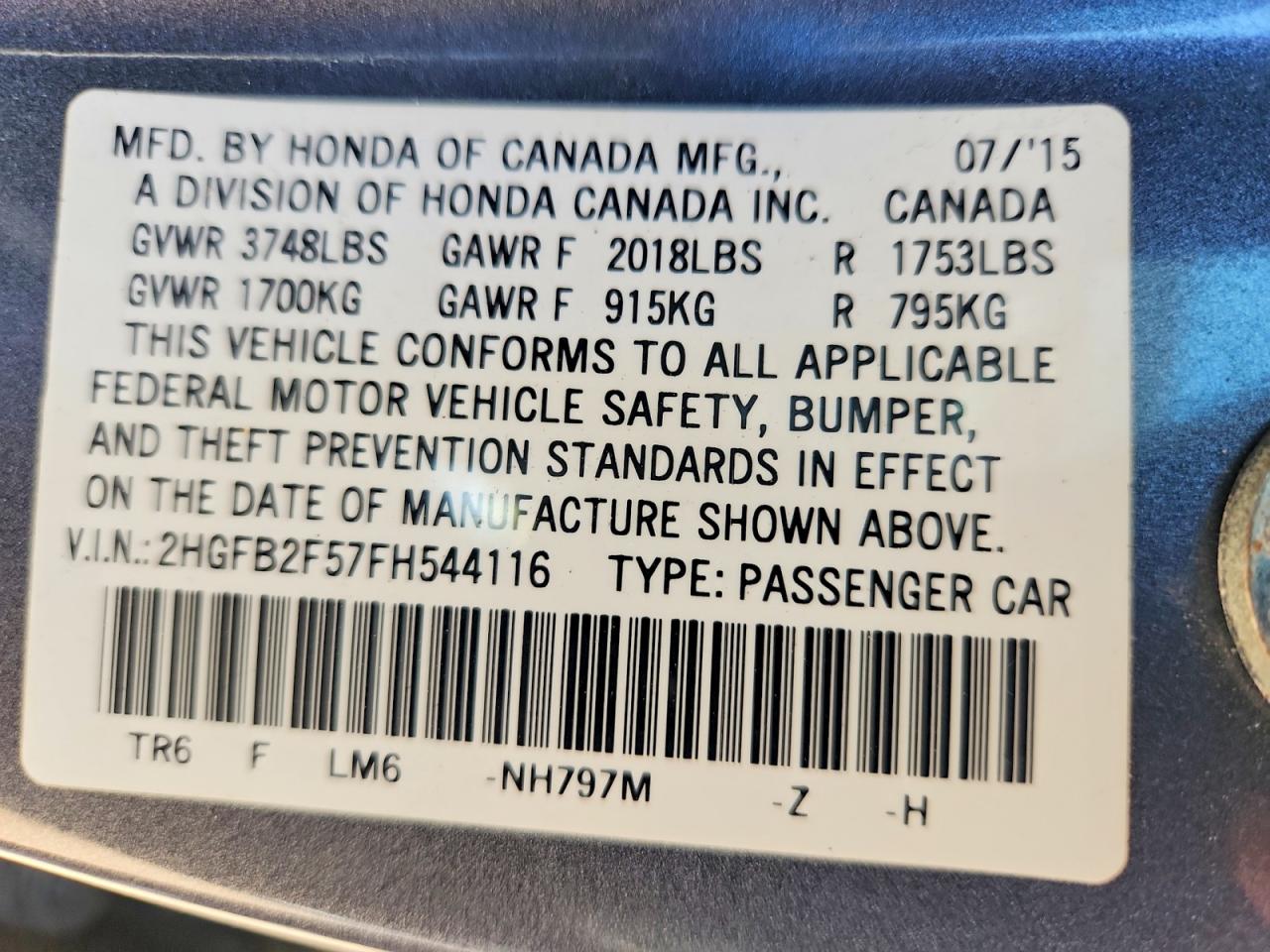 2015 Honda Civic Lx Gray vin: 2HGFB2F57FH544116