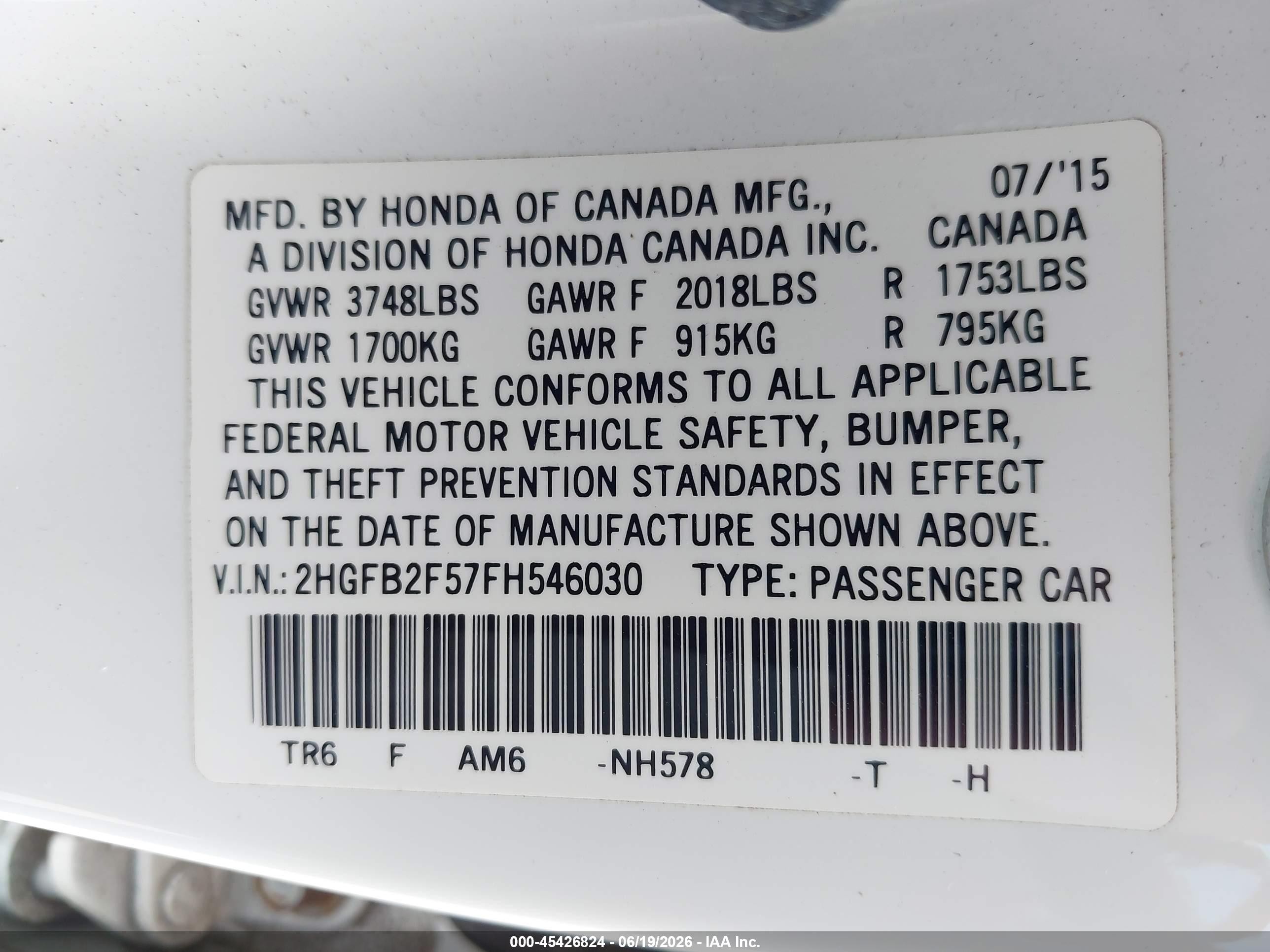 2015 Honda Civic Lx White vin: 2HGFB2F57FH546030