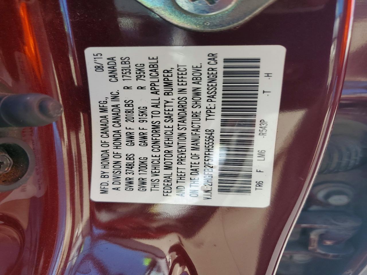 2015 Honda Civic Lx Burgundy vin: 2HGFB2F57FH555648