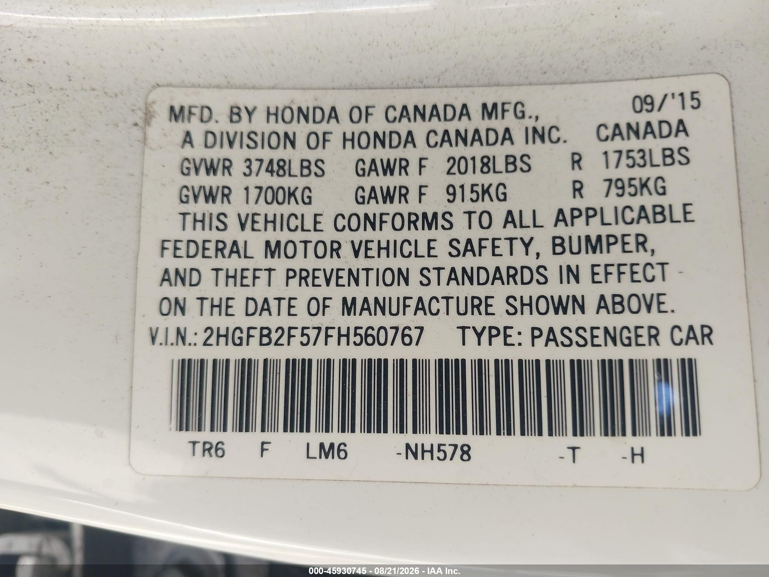 2015 Honda Civic Lx White vin: 2HGFB2F57FH560767